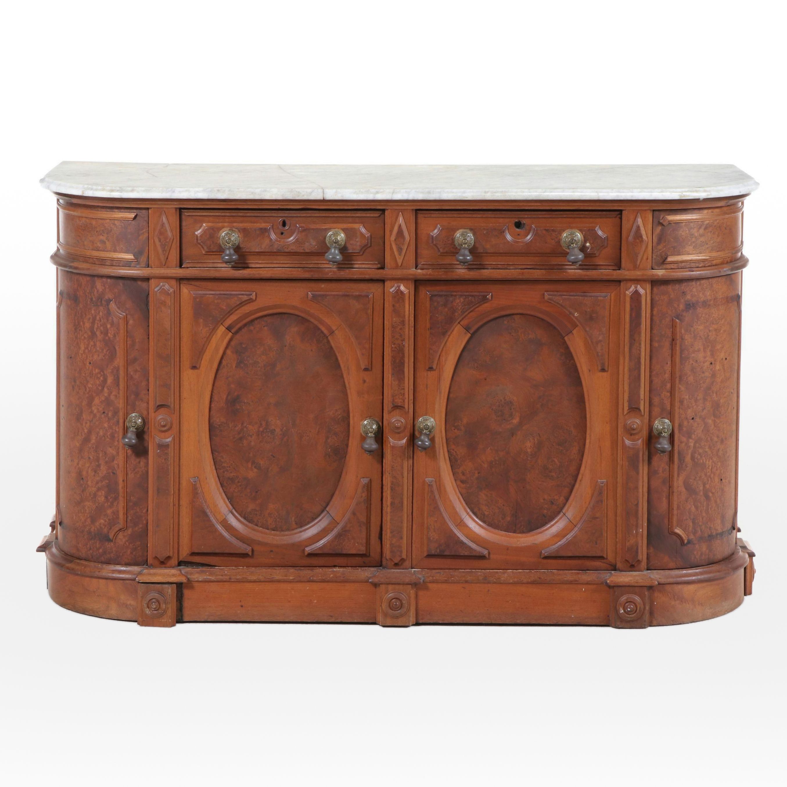 Victorian Walnut, Burl Walnut, and Marble Top Buffet, Mid to Late 19th Century