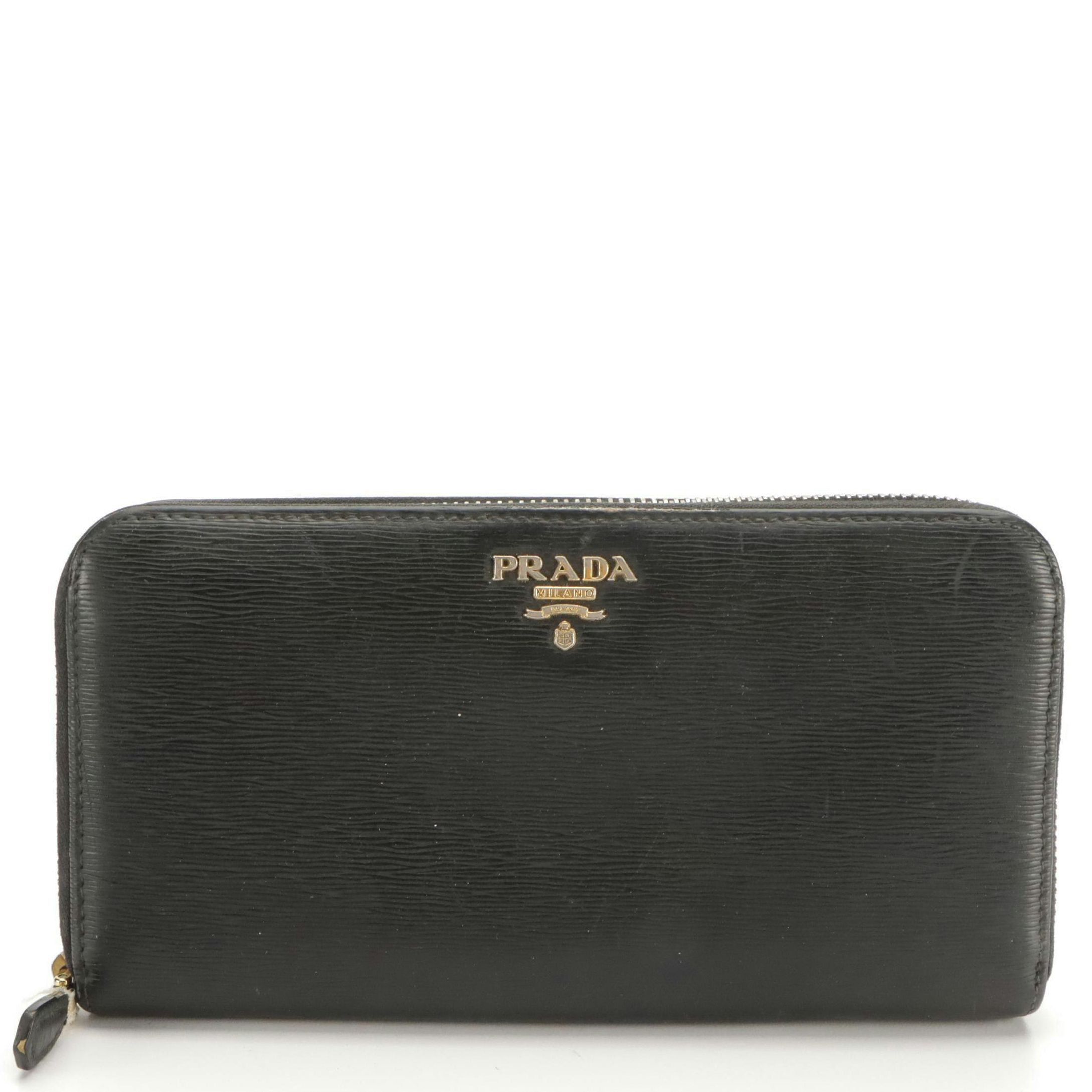 Prada Black Textured Leather Zip-Around Wallet