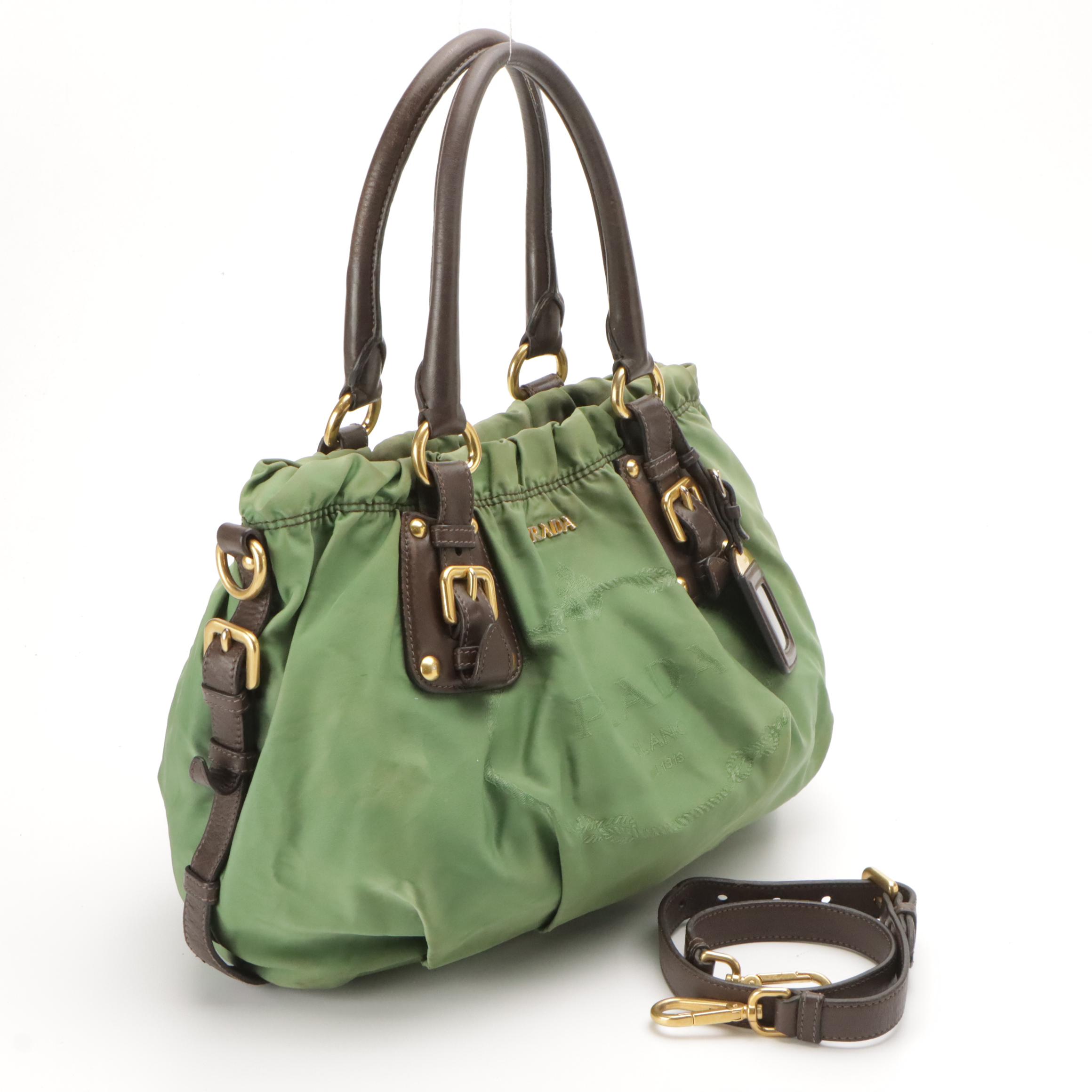 Prada Green Gathered Tessuto Nylon Two-Way Bag with Brown Leather Trim