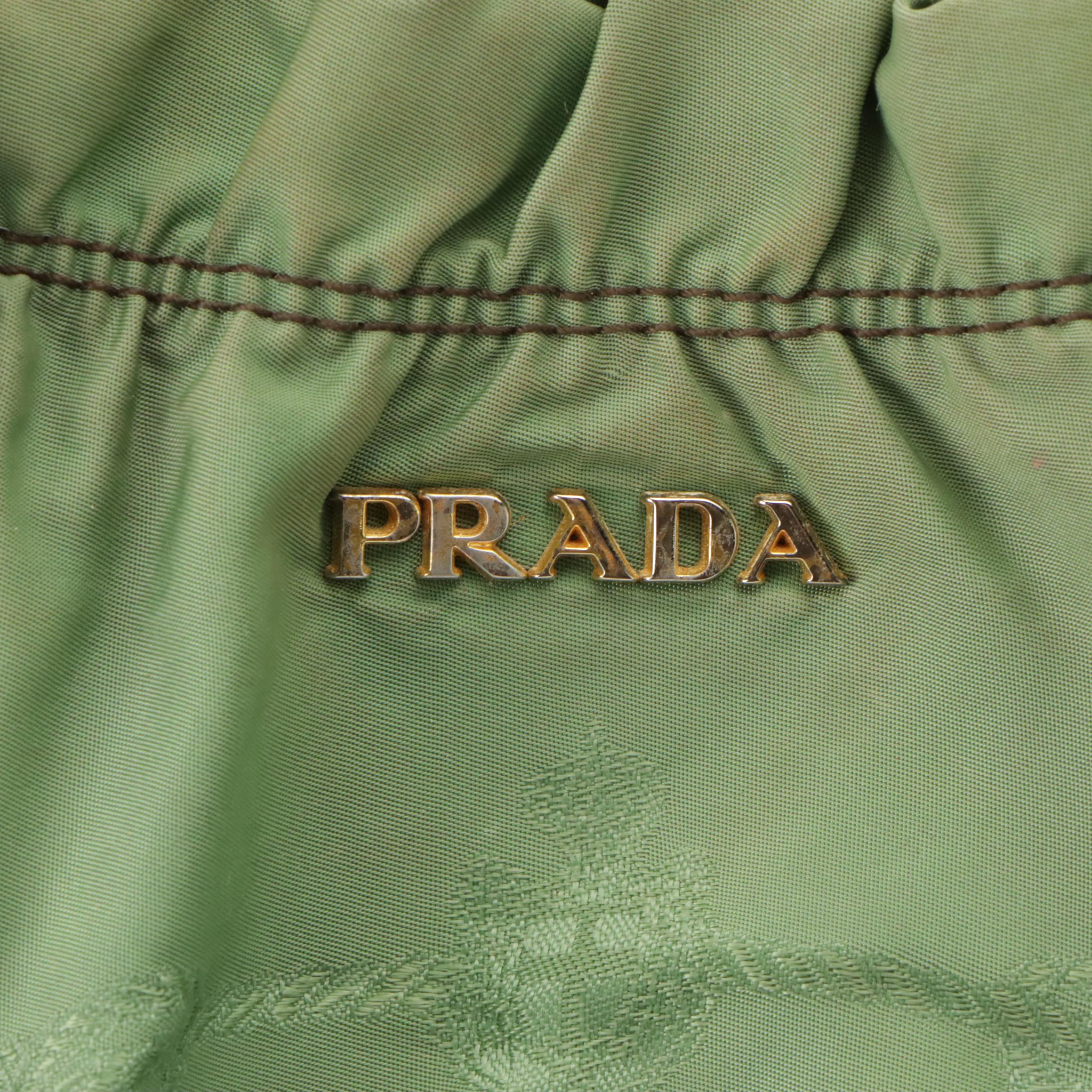 Prada Green Gathered Tessuto Nylon Two-Way Bag with Brown Leather Trim