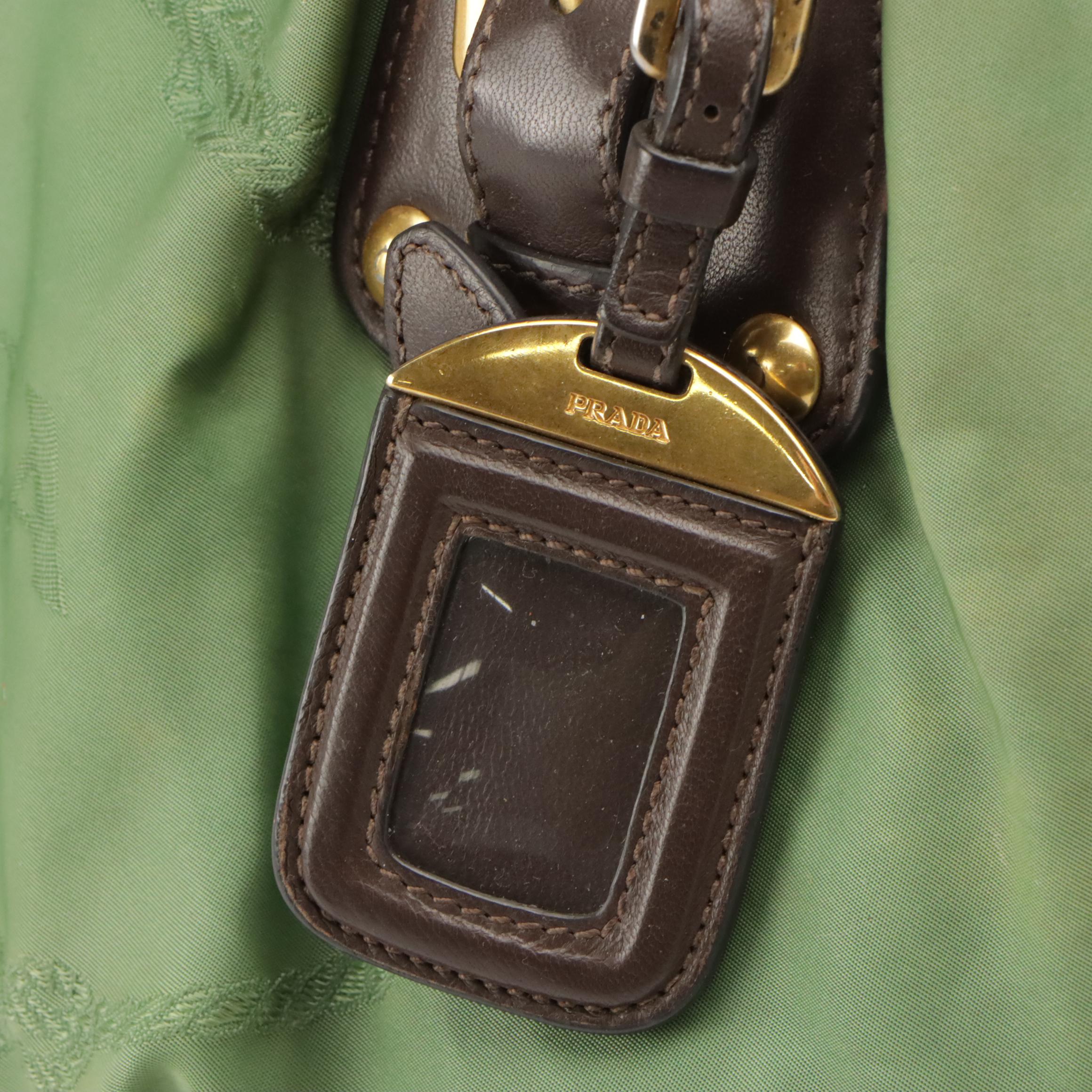 Prada Green Gathered Tessuto Nylon Two-Way Bag with Brown Leather Trim