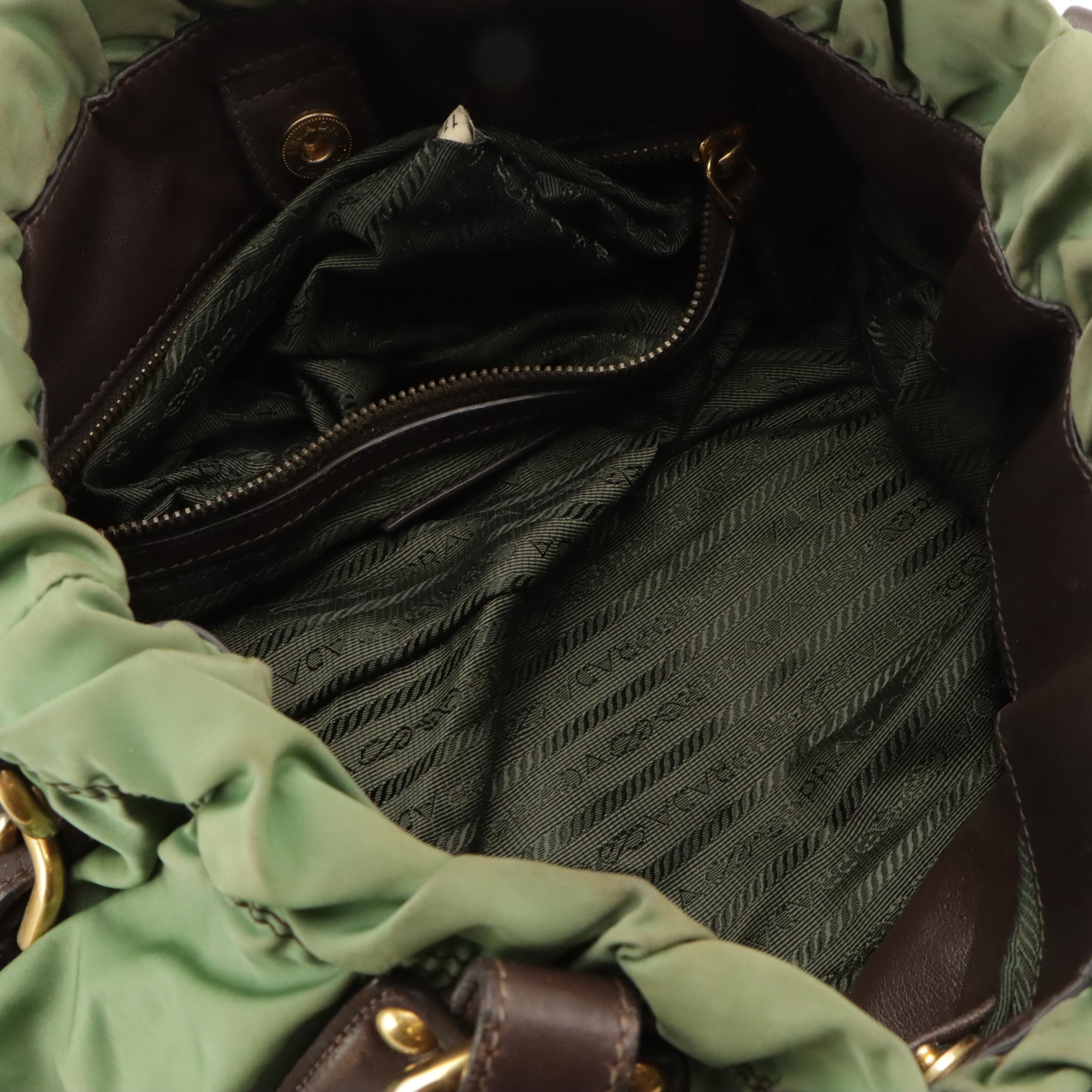Prada Green Gathered Tessuto Nylon Two-Way Bag with Brown Leather Trim
