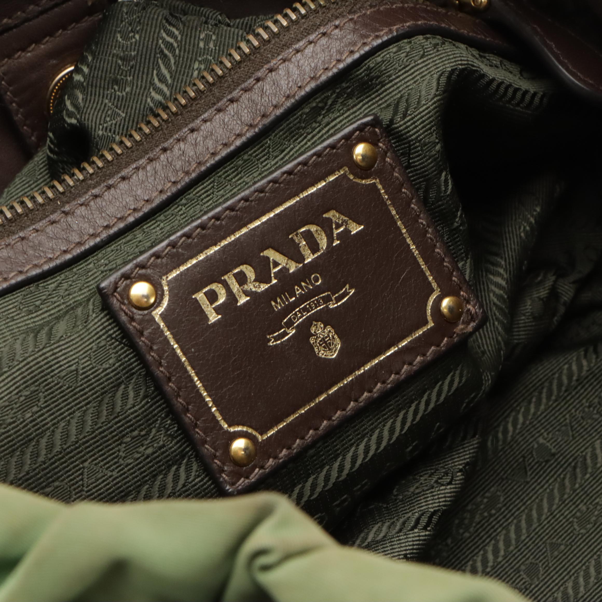 Prada Green Gathered Tessuto Nylon Two-Way Bag with Brown Leather Trim