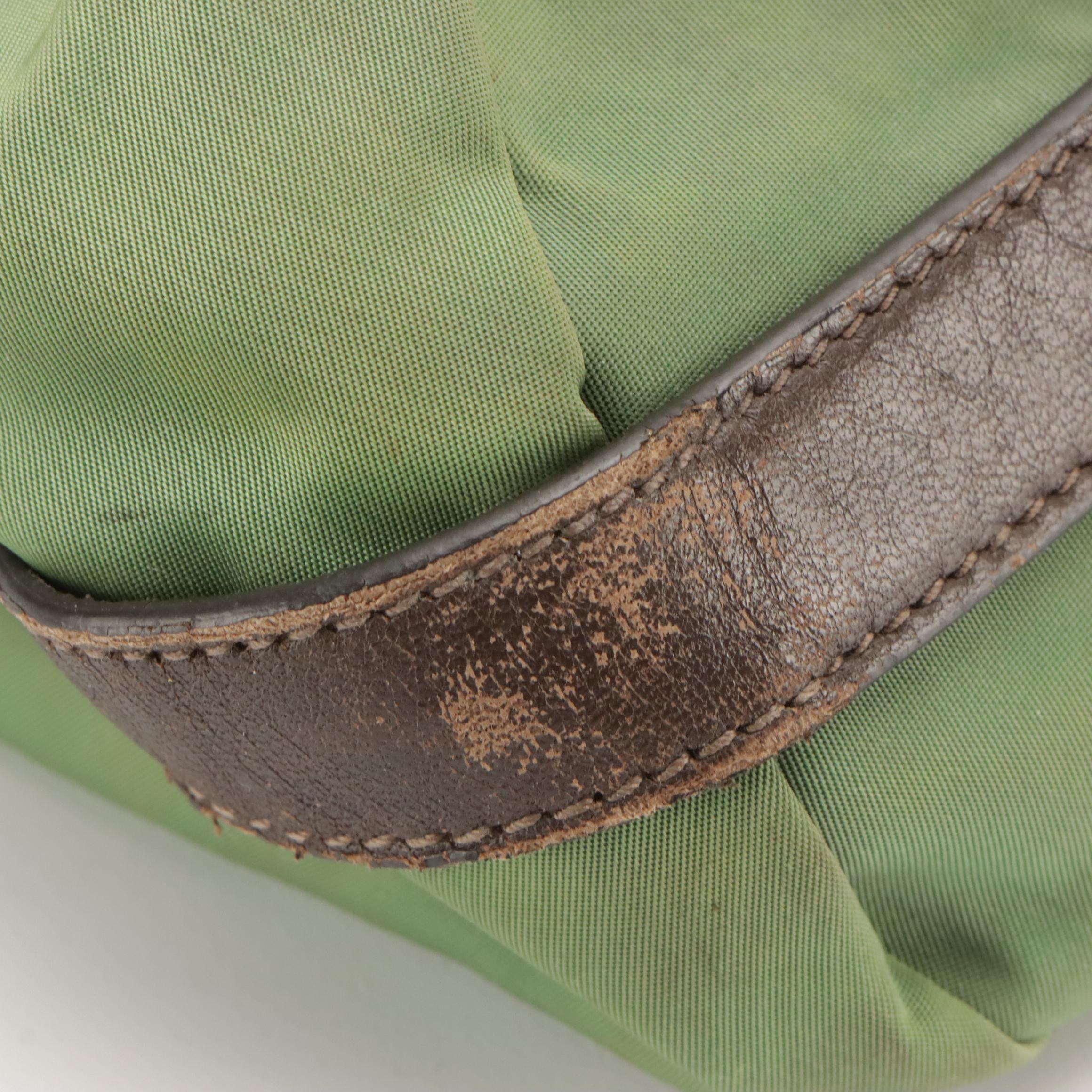 Prada Green Gathered Tessuto Nylon Two-Way Bag with Brown Leather Trim