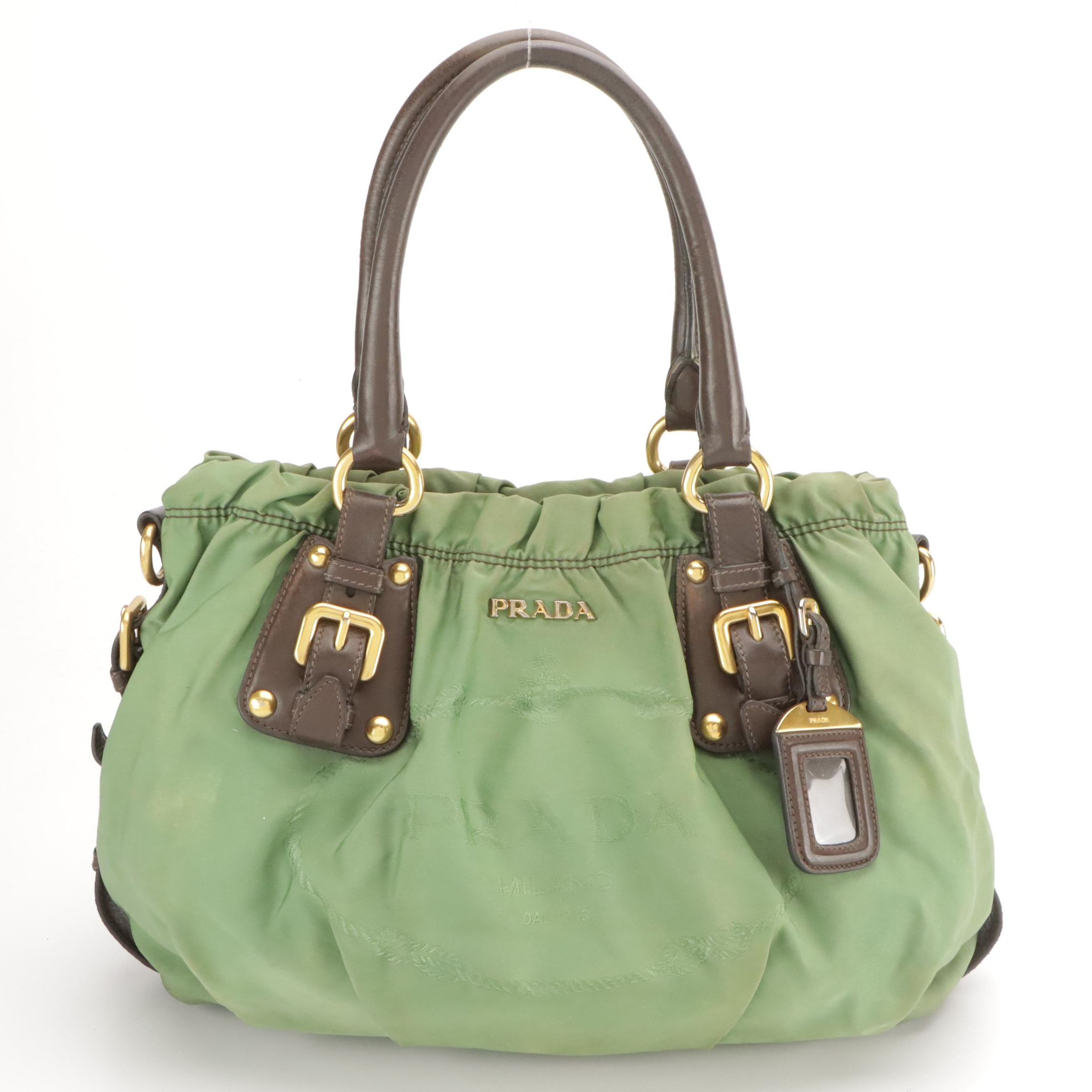 Prada Green Gathered Tessuto Nylon Two-Way Bag with Brown Leather Trim