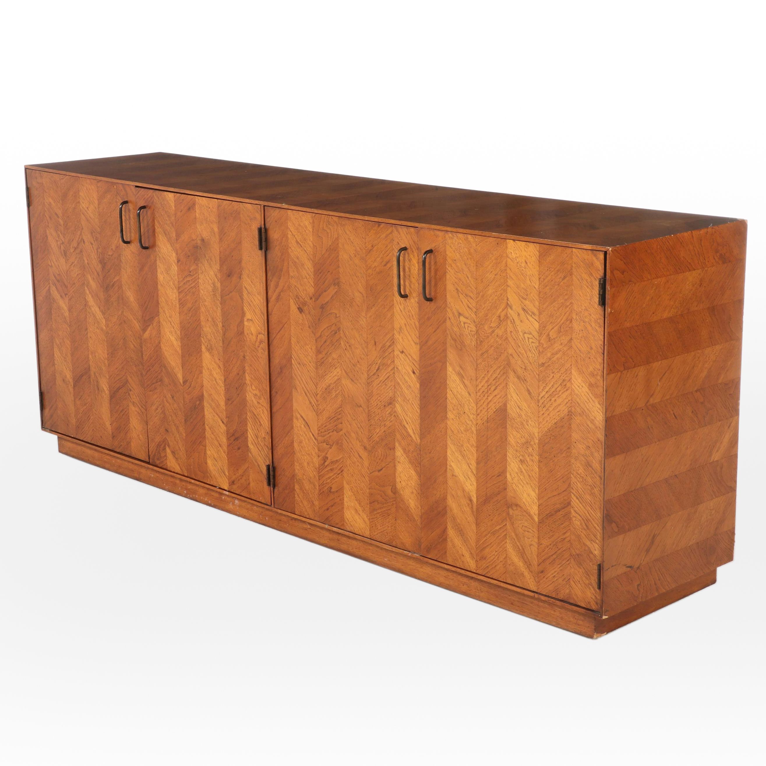 Lane Modernist Oak Parquetry Four-Door Credenza, Mid to Late 20th Century