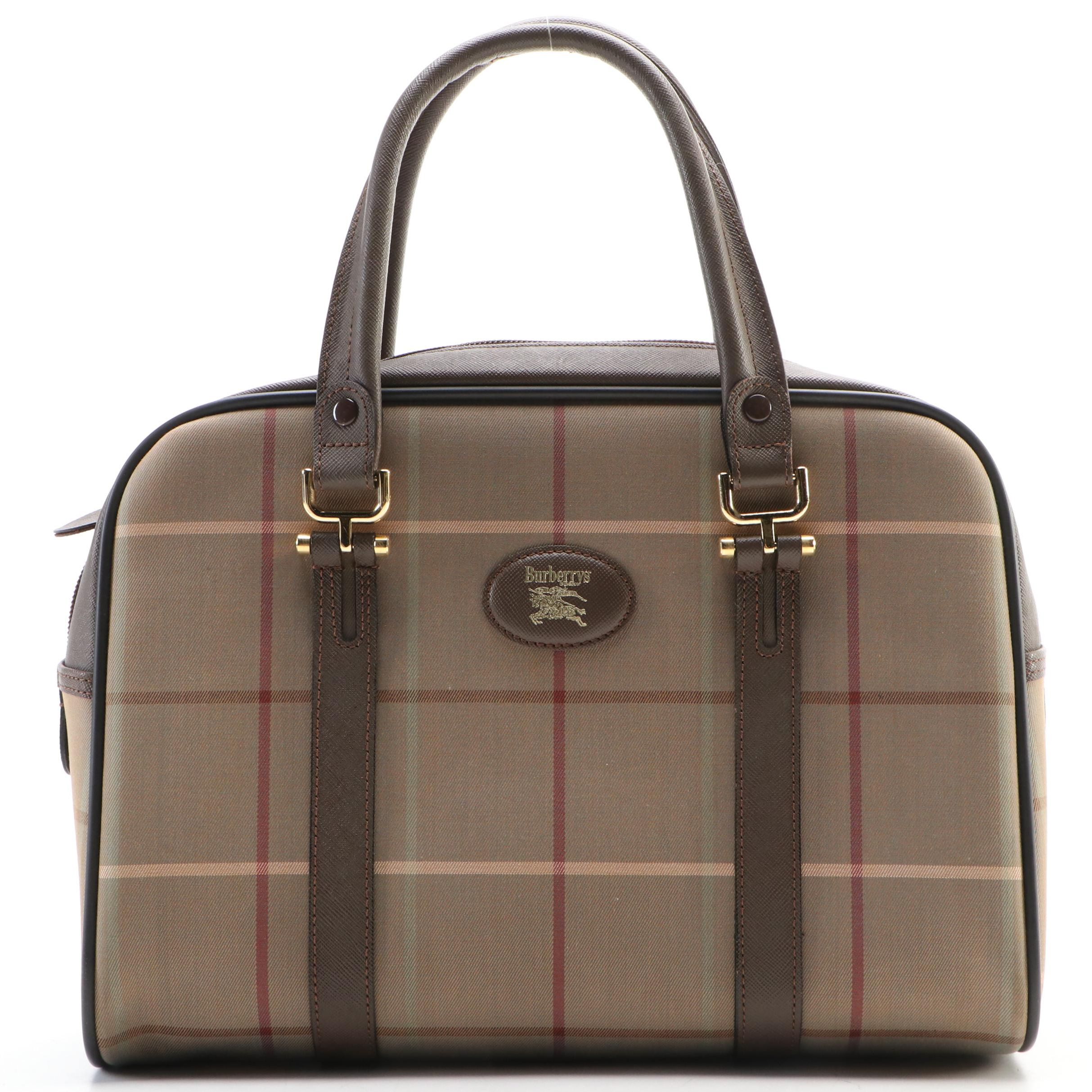 Burberrys Brown Plaid Handbag in Leather Trimmed Canvas