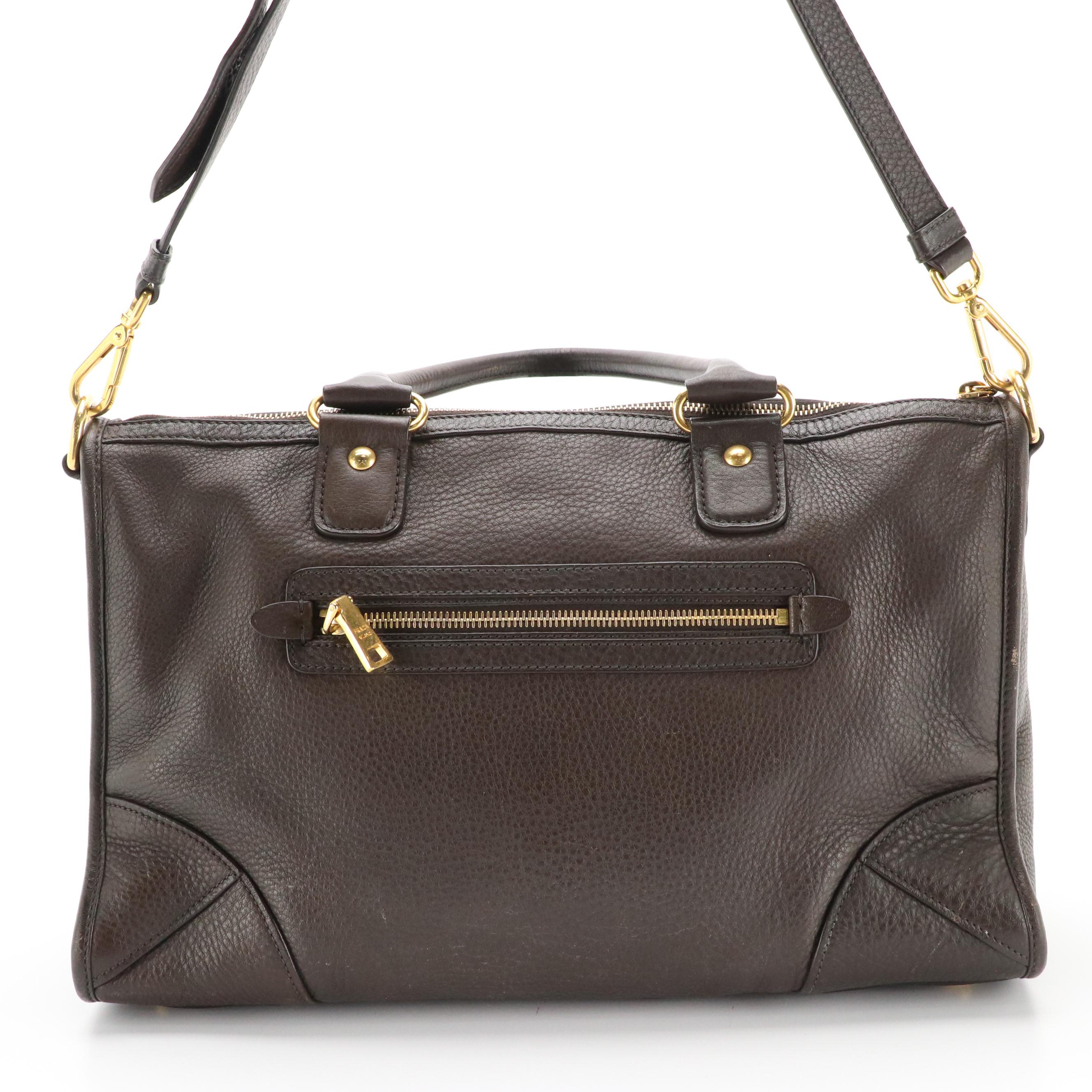 Prada Two-Way Shoulder Bag in Dark Brown Pebbled Leather