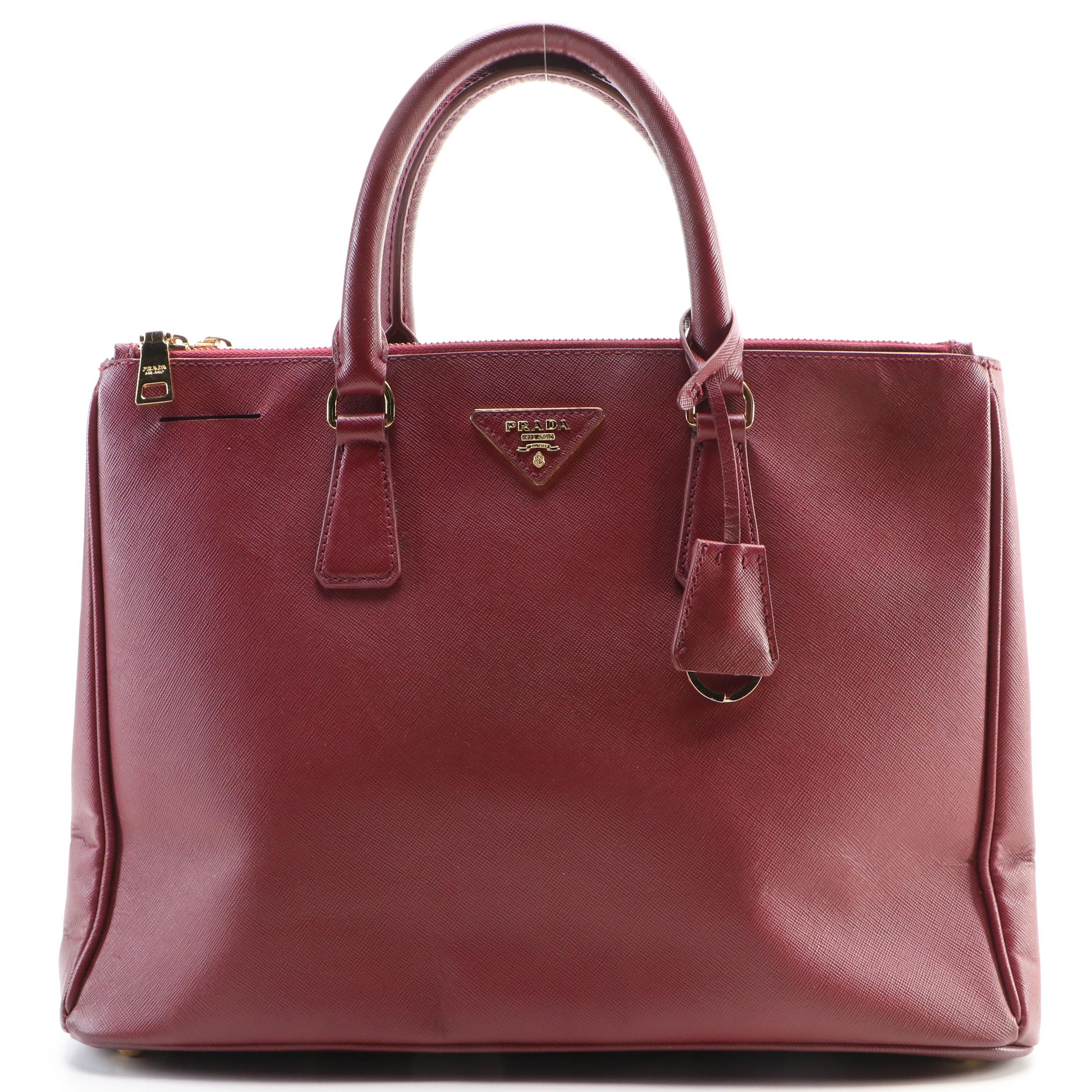 Prada Galleria Double Zip Tote Large in Burgundy Saffiano Lux Leather
