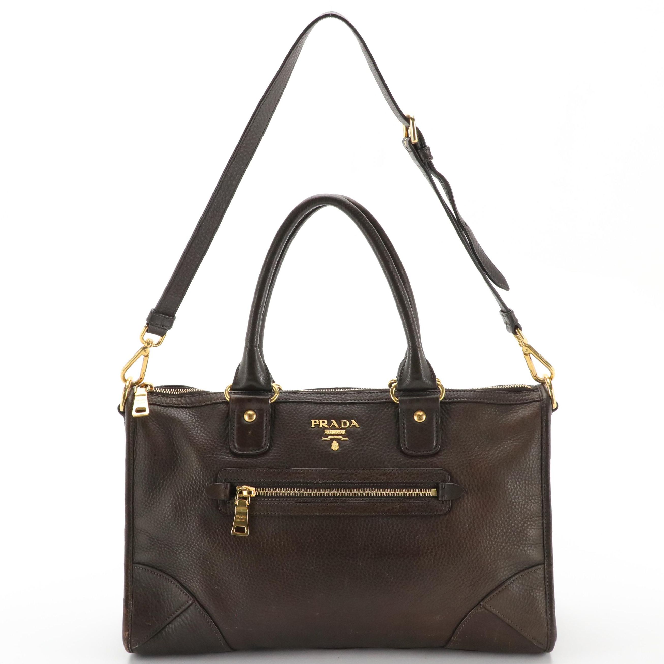 Prada Two-Way Shoulder Bag in Dark Brown Pebbled Leather
