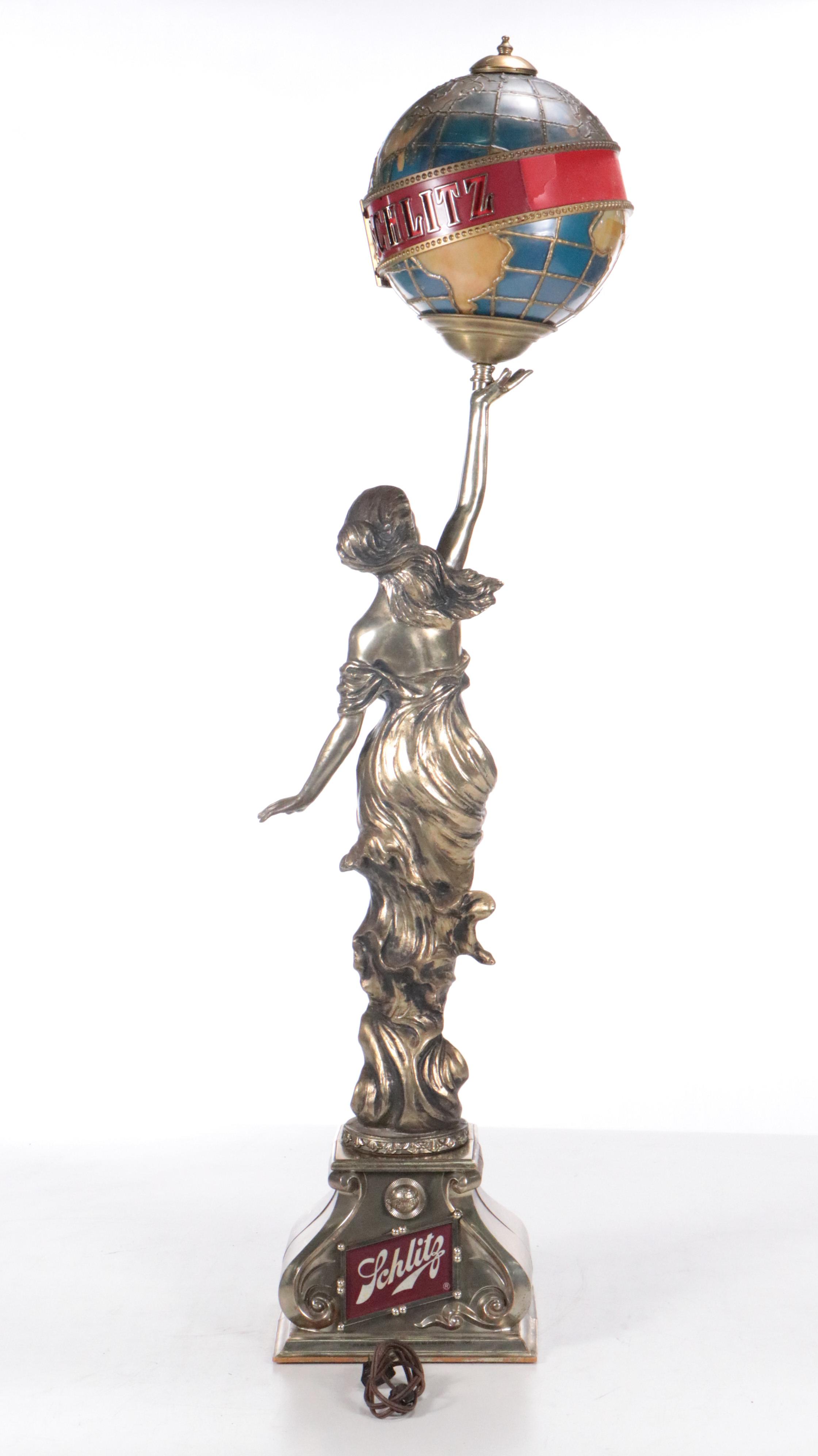 Schlitz Beer Woman Holding Globe Advertising Statue Lamp, 1976
