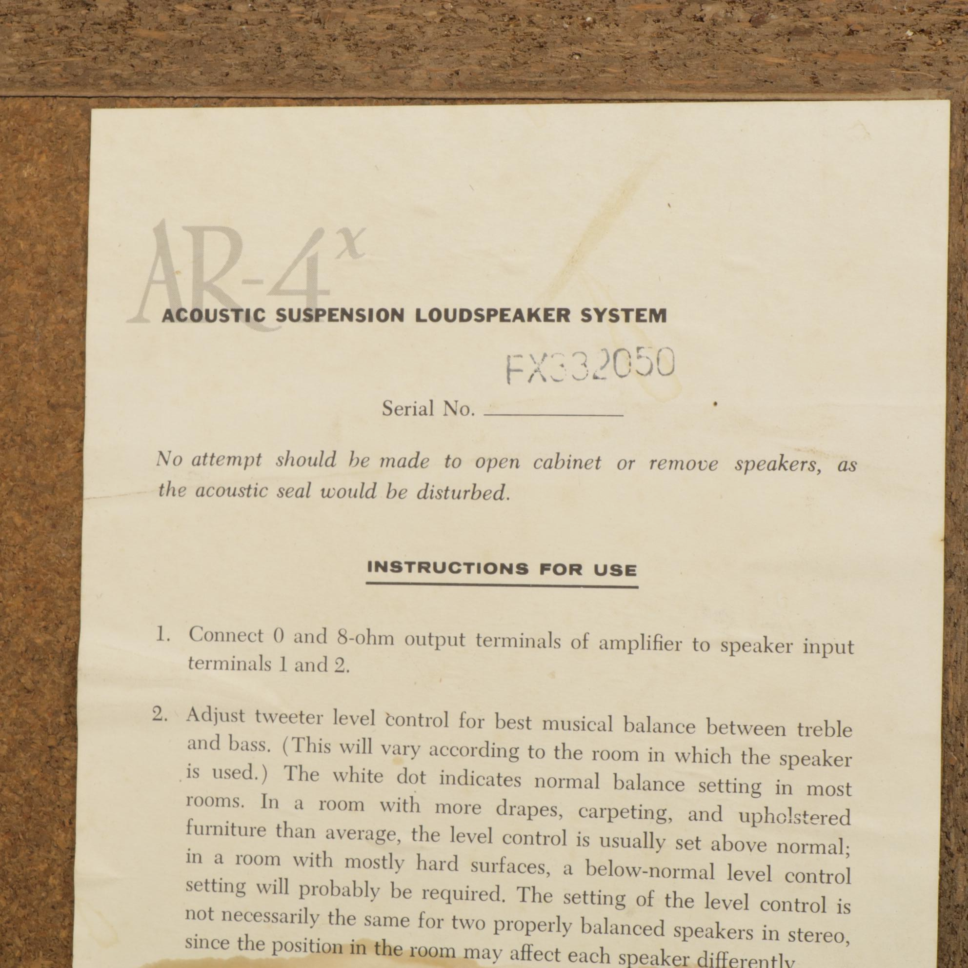Acoustic Research AR-4x Bookshelf Speakers, Pair, Late 20th Century