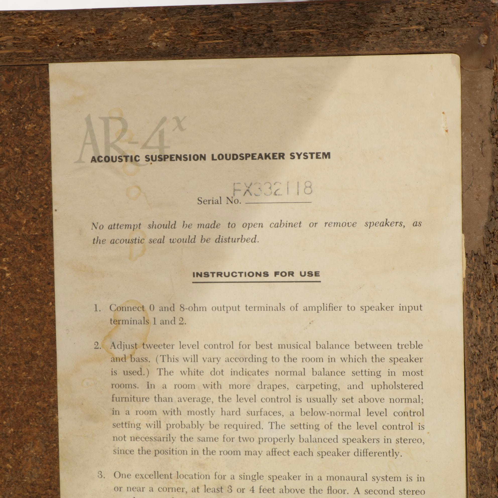 Acoustic Research AR-4x Bookshelf Speakers, Pair, Late 20th Century