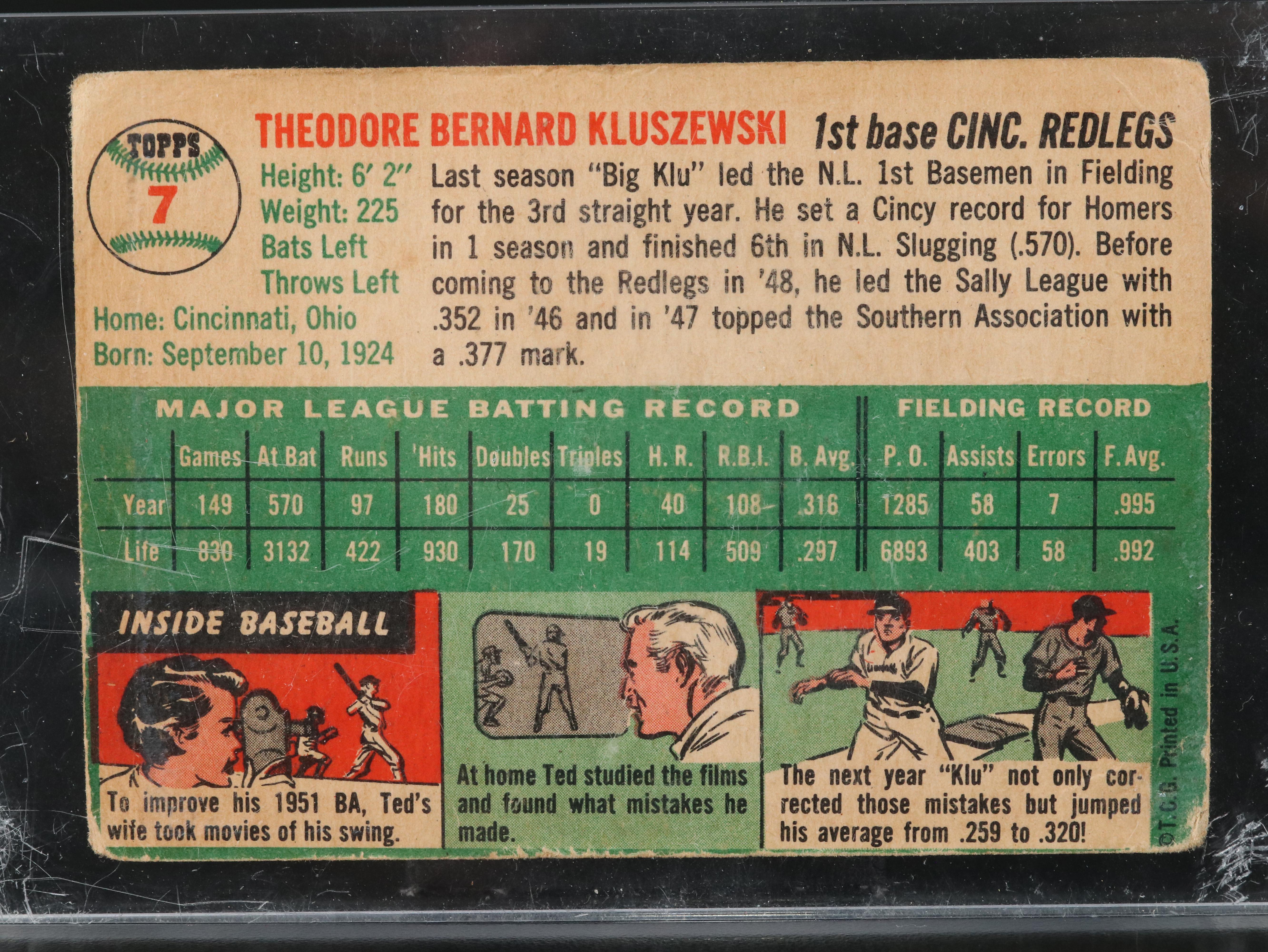 1954 Topps Ted Kluszewski Cincinnati Reds Baseball Card