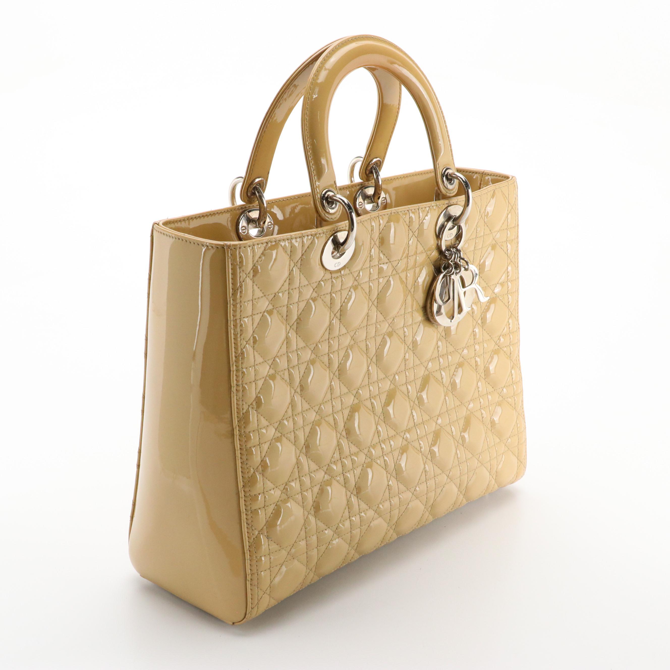Christian Dior Large Lady Dior Tote in Beige Cannage Quilted Patent Leather