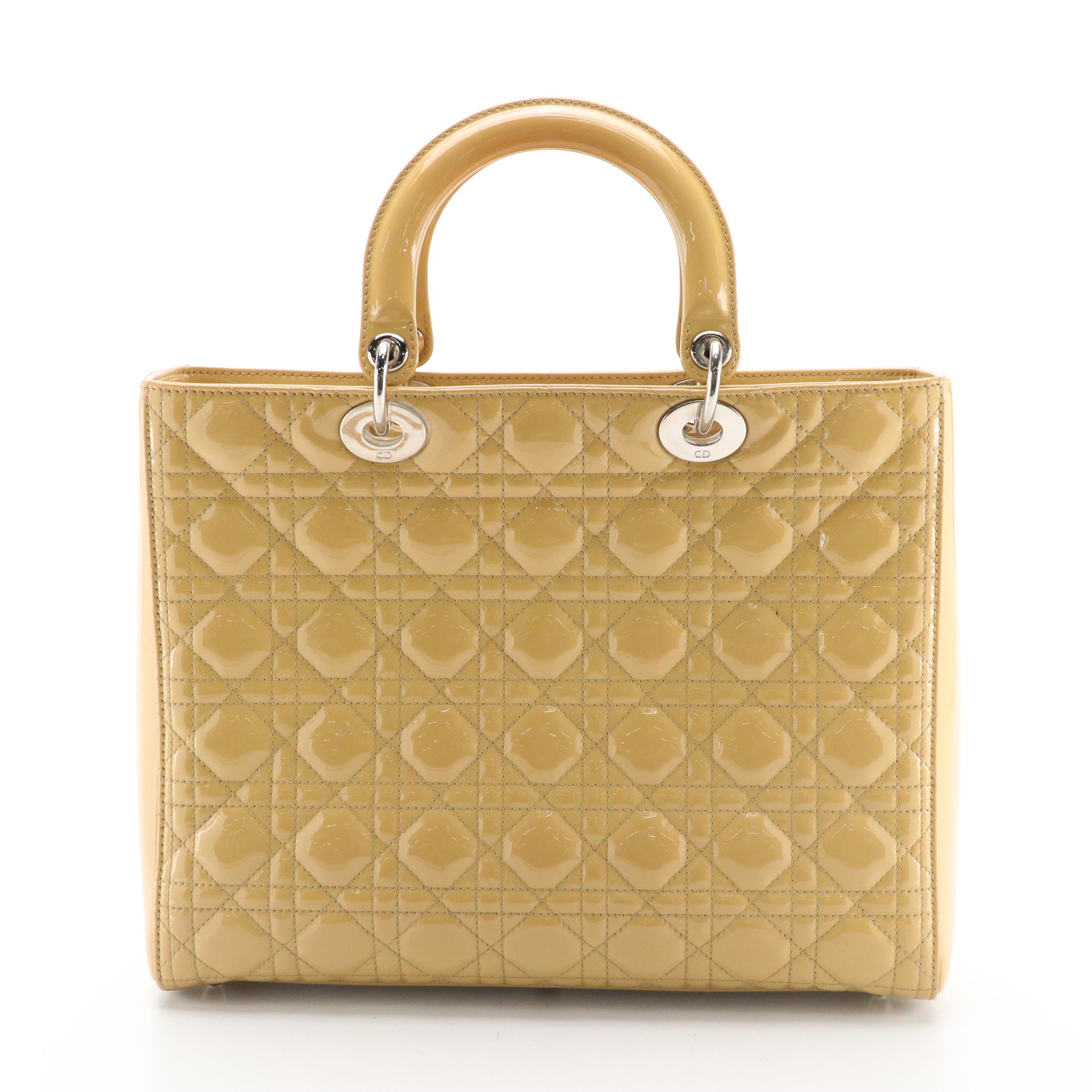 Christian Dior Large Lady Dior Tote in Beige Cannage Quilted Patent Leather
