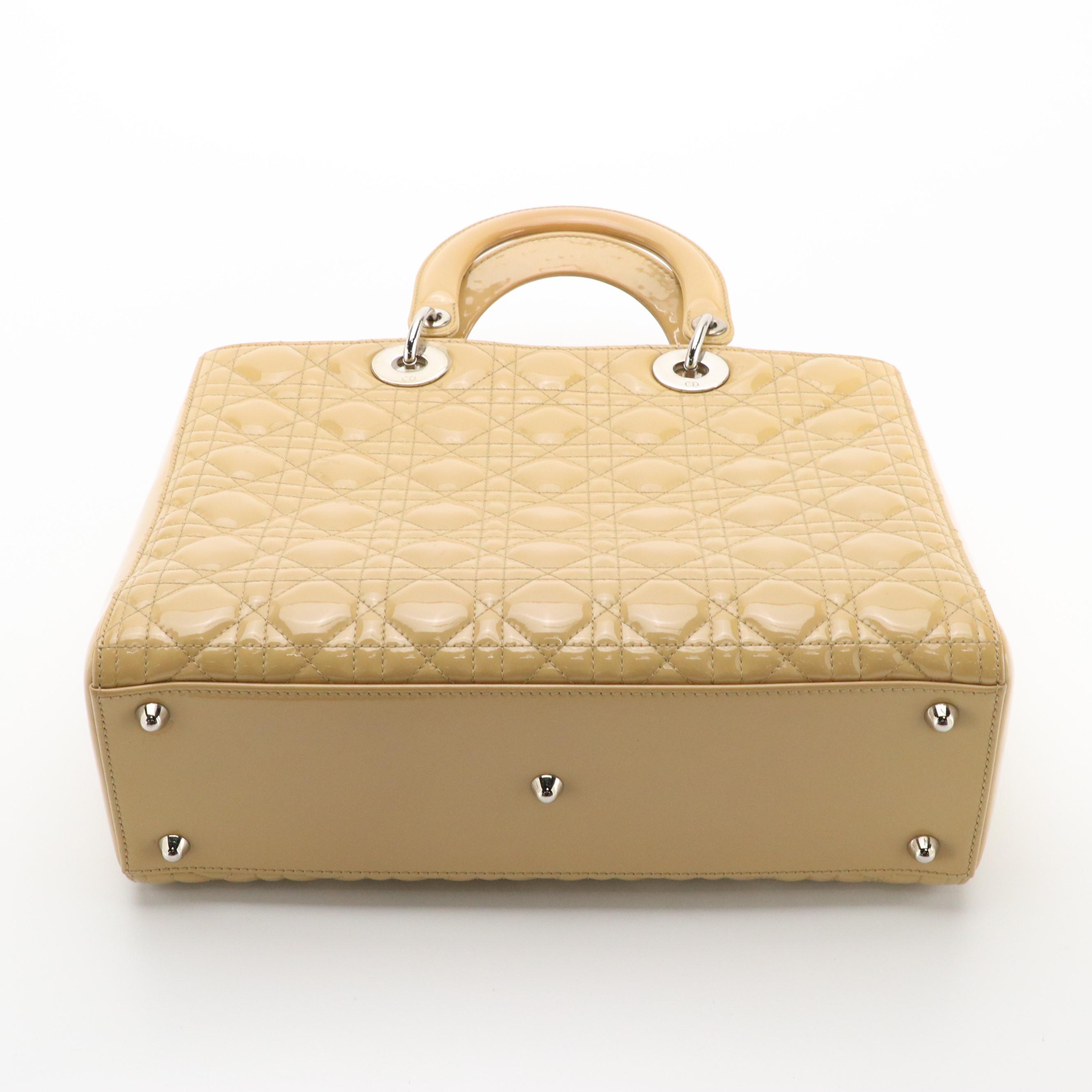 Christian Dior Large Lady Dior Tote in Beige Cannage Quilted Patent Leather