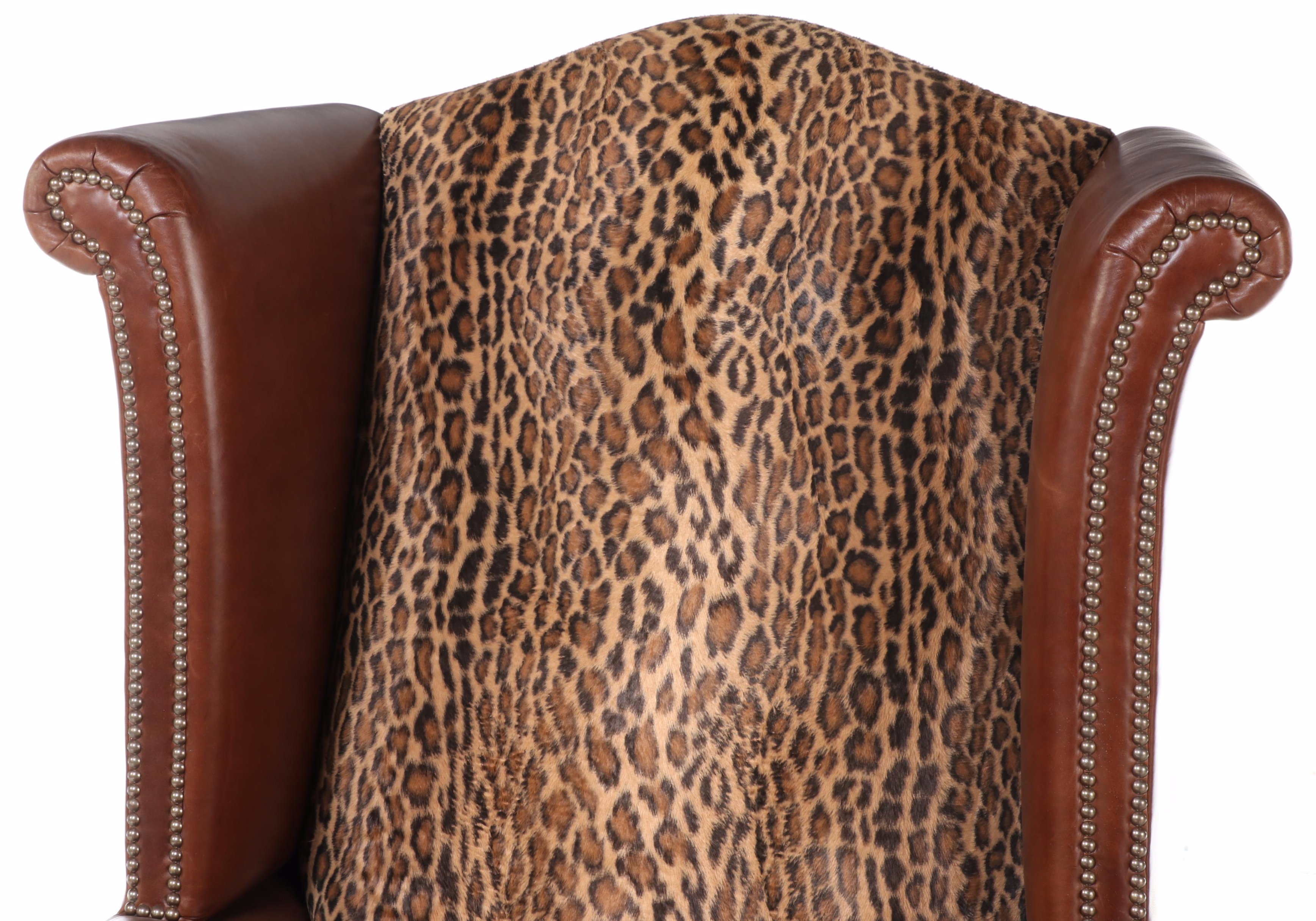 Henry Link Trading Co. Leather and Animal Print Wingback Armchair with Nailheads