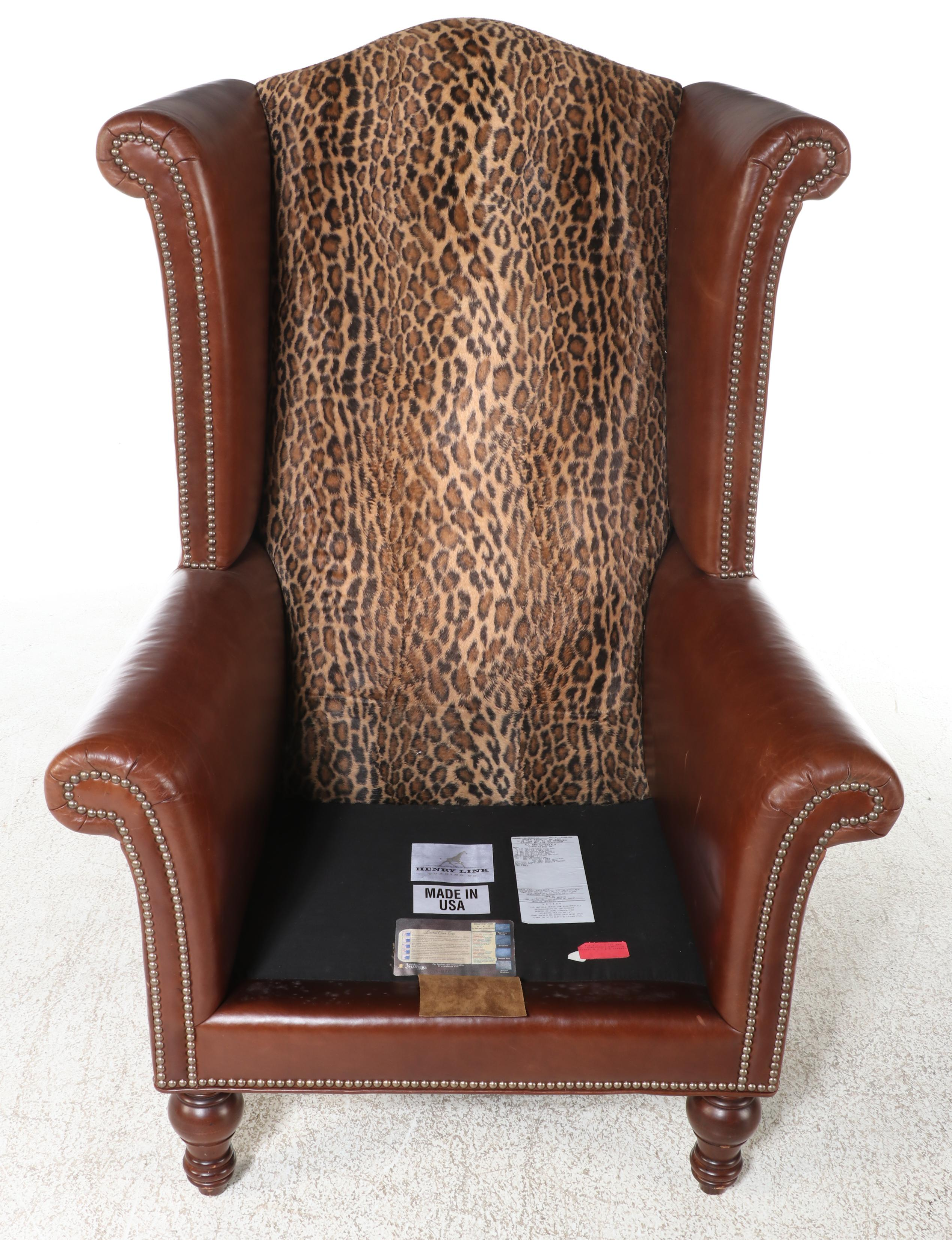 Henry Link Trading Co. Leather and Animal Print Wingback Armchair with Nailheads