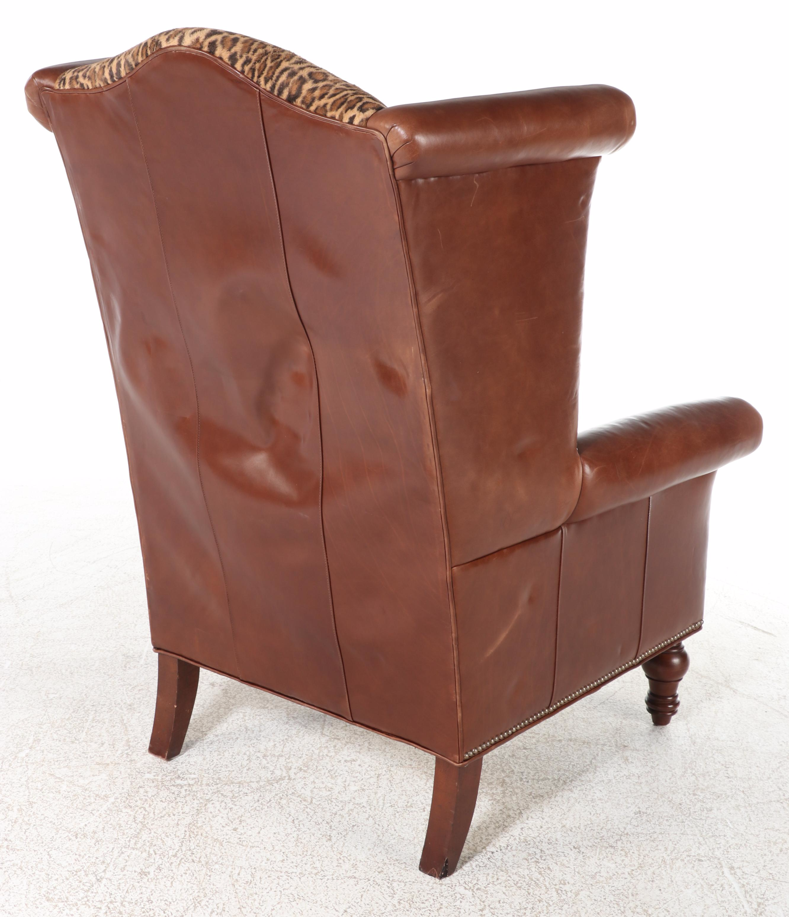 Henry Link Trading Co. Leather and Animal Print Wingback Armchair with Nailheads