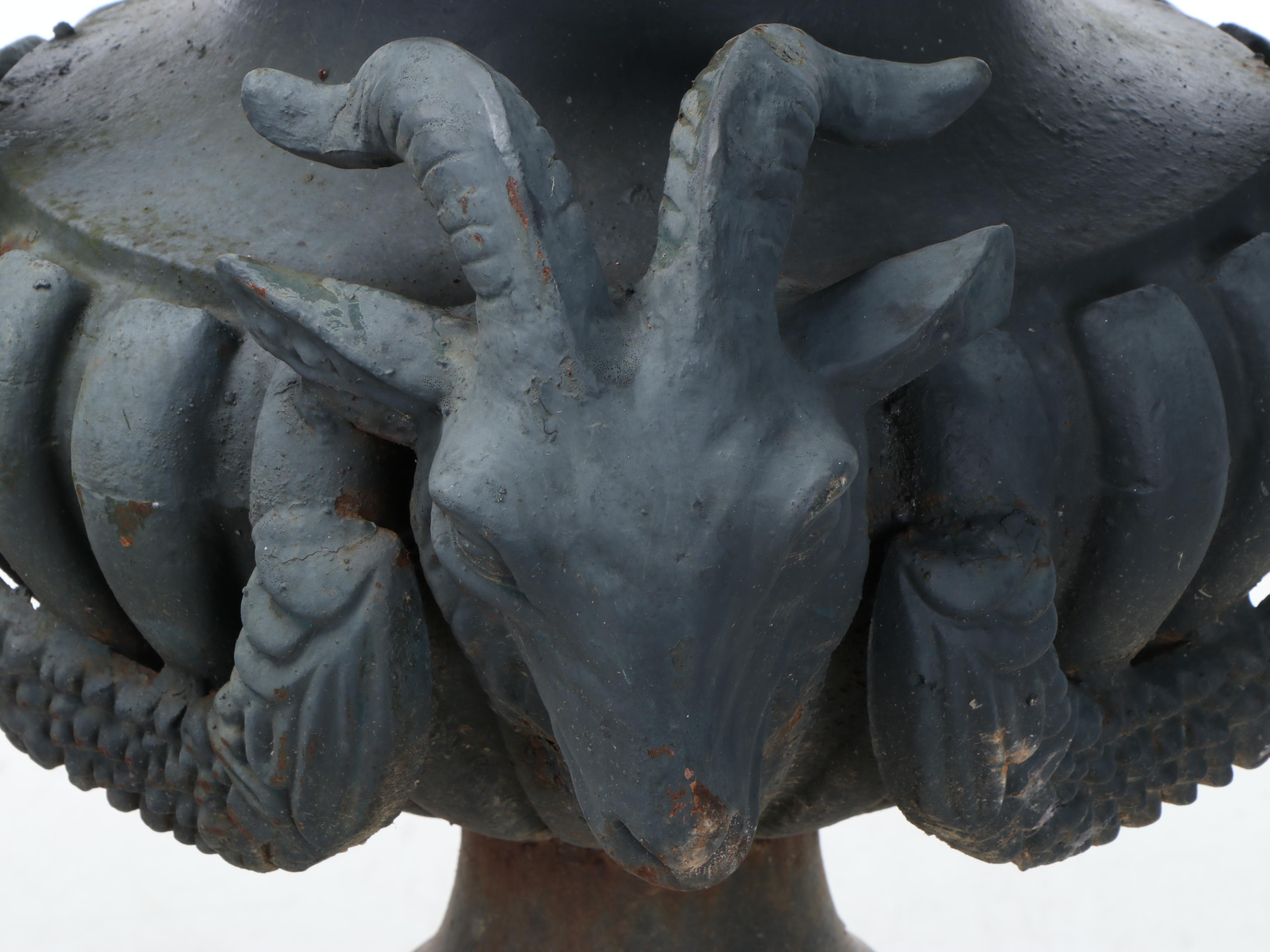 Baroque Revival Iron Cherub and Goat Garden Urns, Late 19th/Early 20th Century