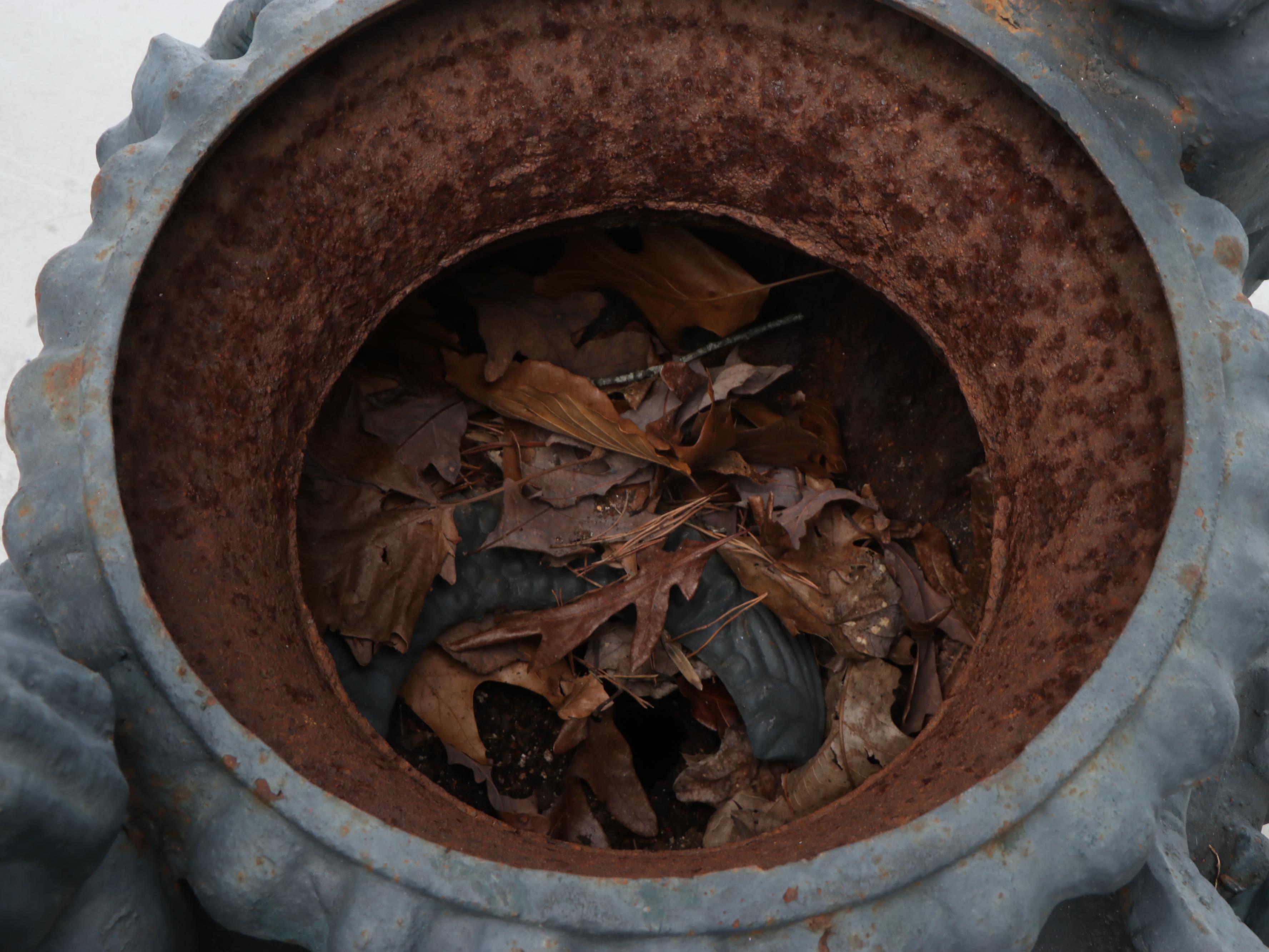 Baroque Revival Iron Cherub and Goat Garden Urns, Late 19th/Early 20th Century