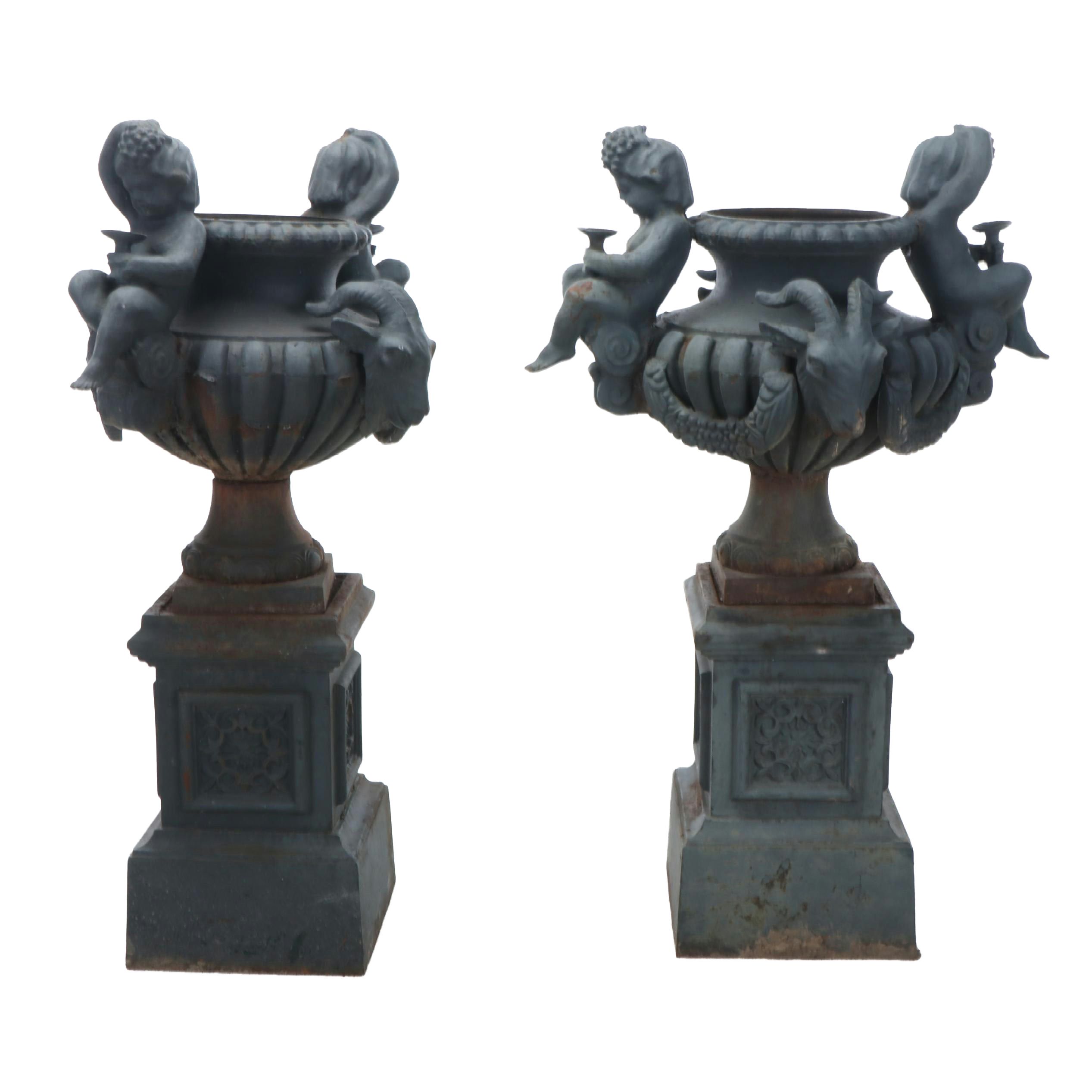 Baroque Revival Iron Cherub and Goat Garden Urns, Late 19th/Early 20th Century