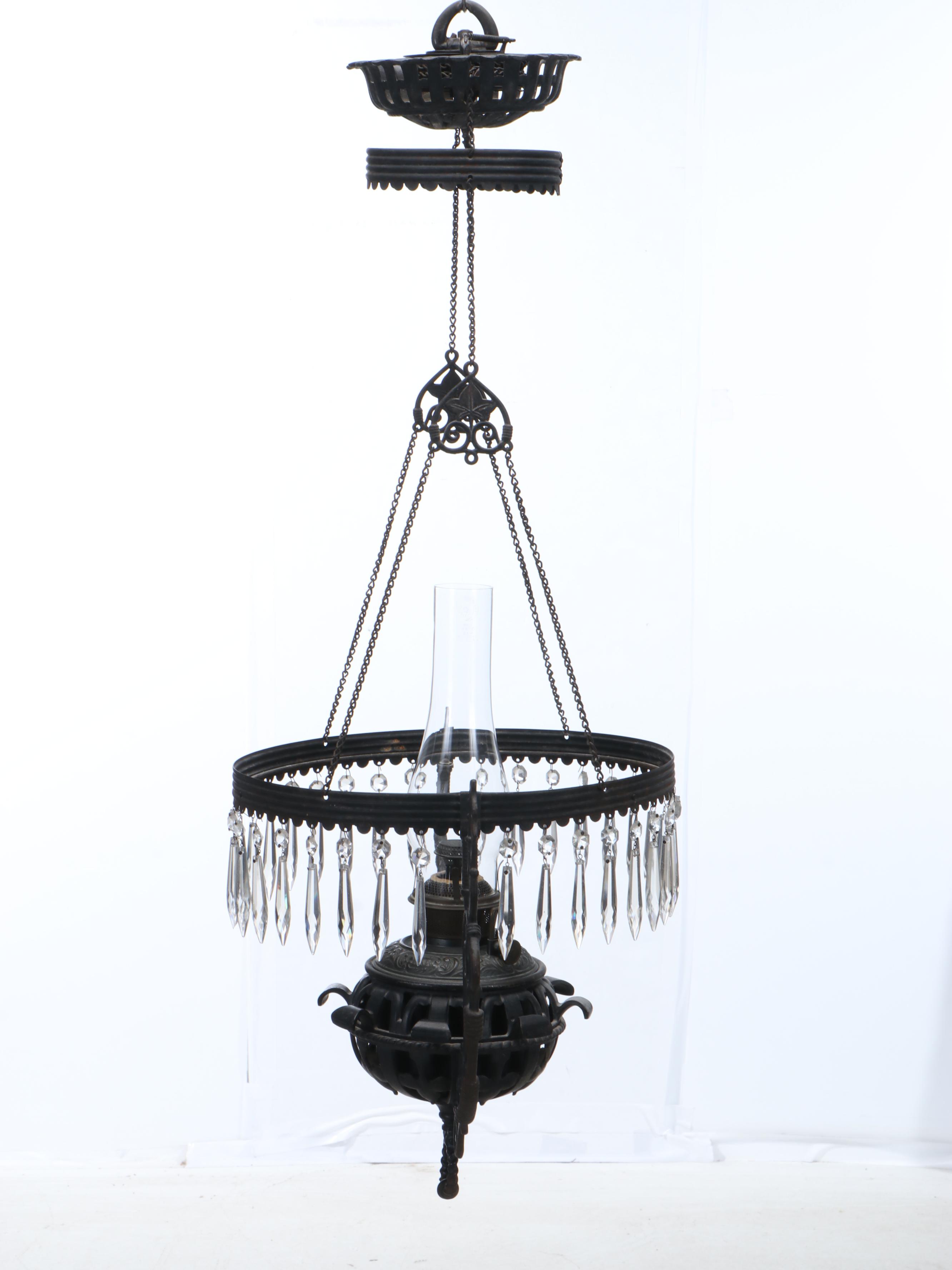 Bradley & Hubbard Pendant Pull Down Oil Lamp with Hand-Painted Glass Shade