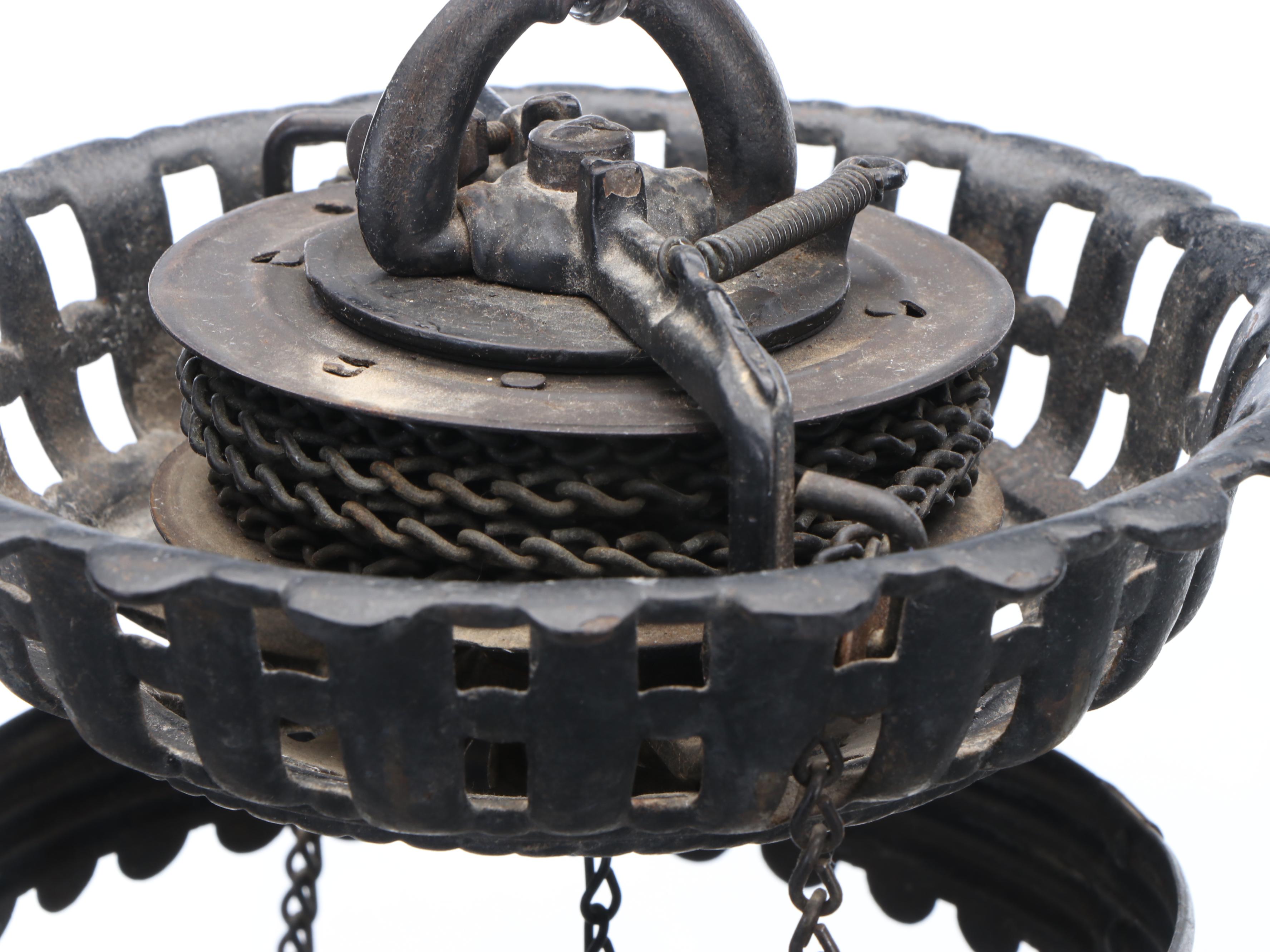 Bradley & Hubbard Pendant Pull Down Oil Lamp with Hand-Painted Glass Shade