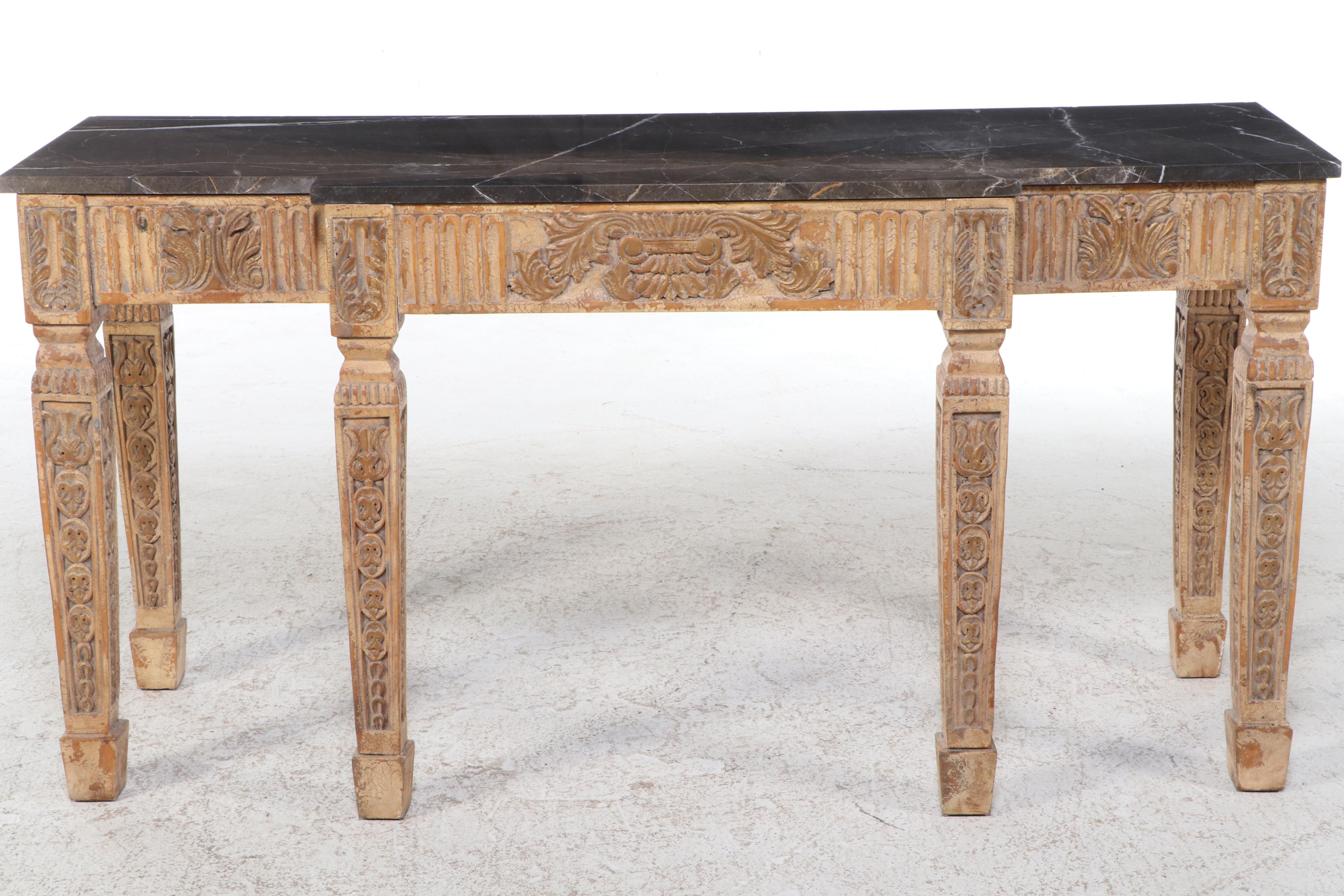 French Style Carved Wood Marble Top Console Table
