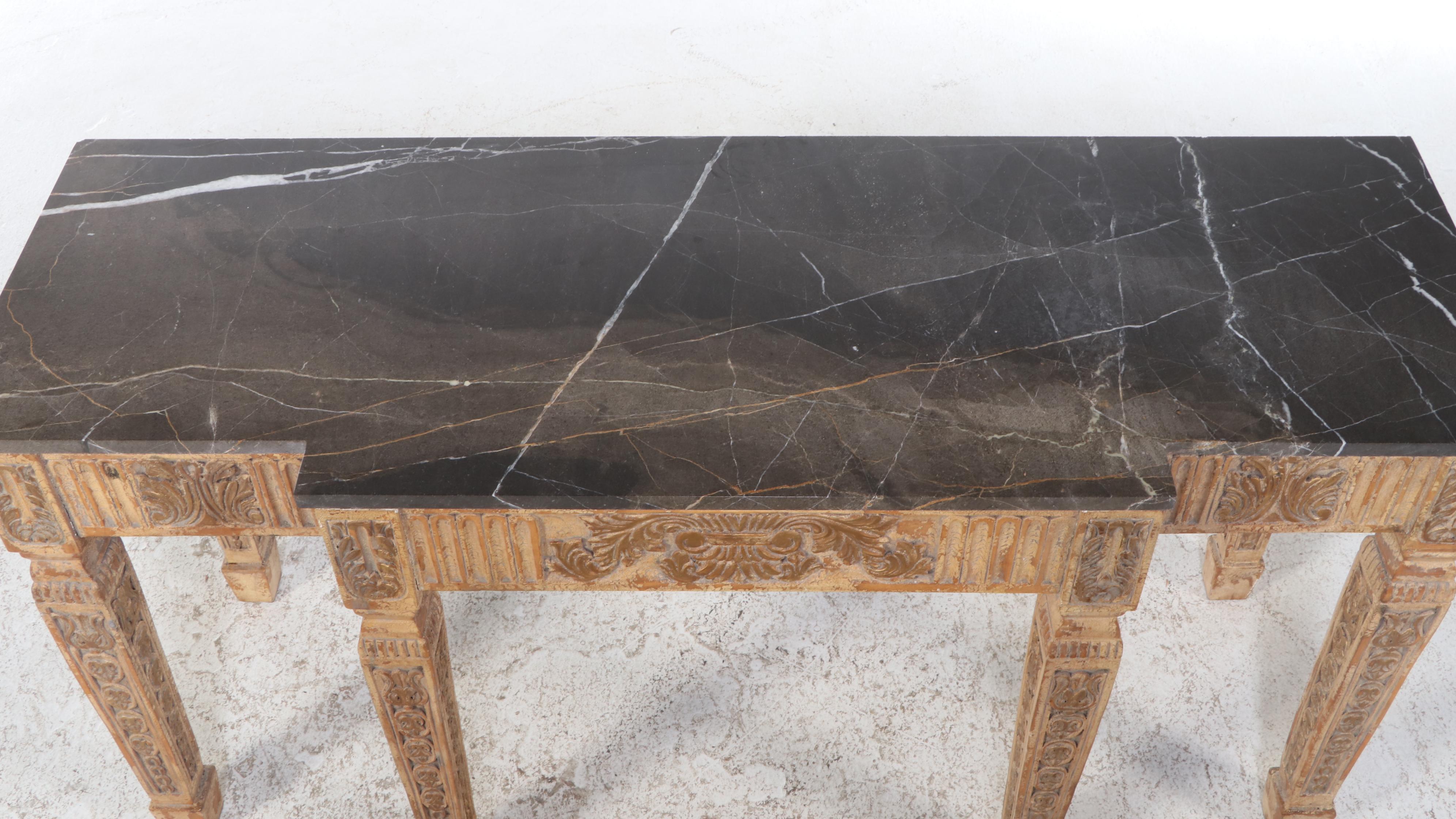 French Style Carved Wood Marble Top Console Table