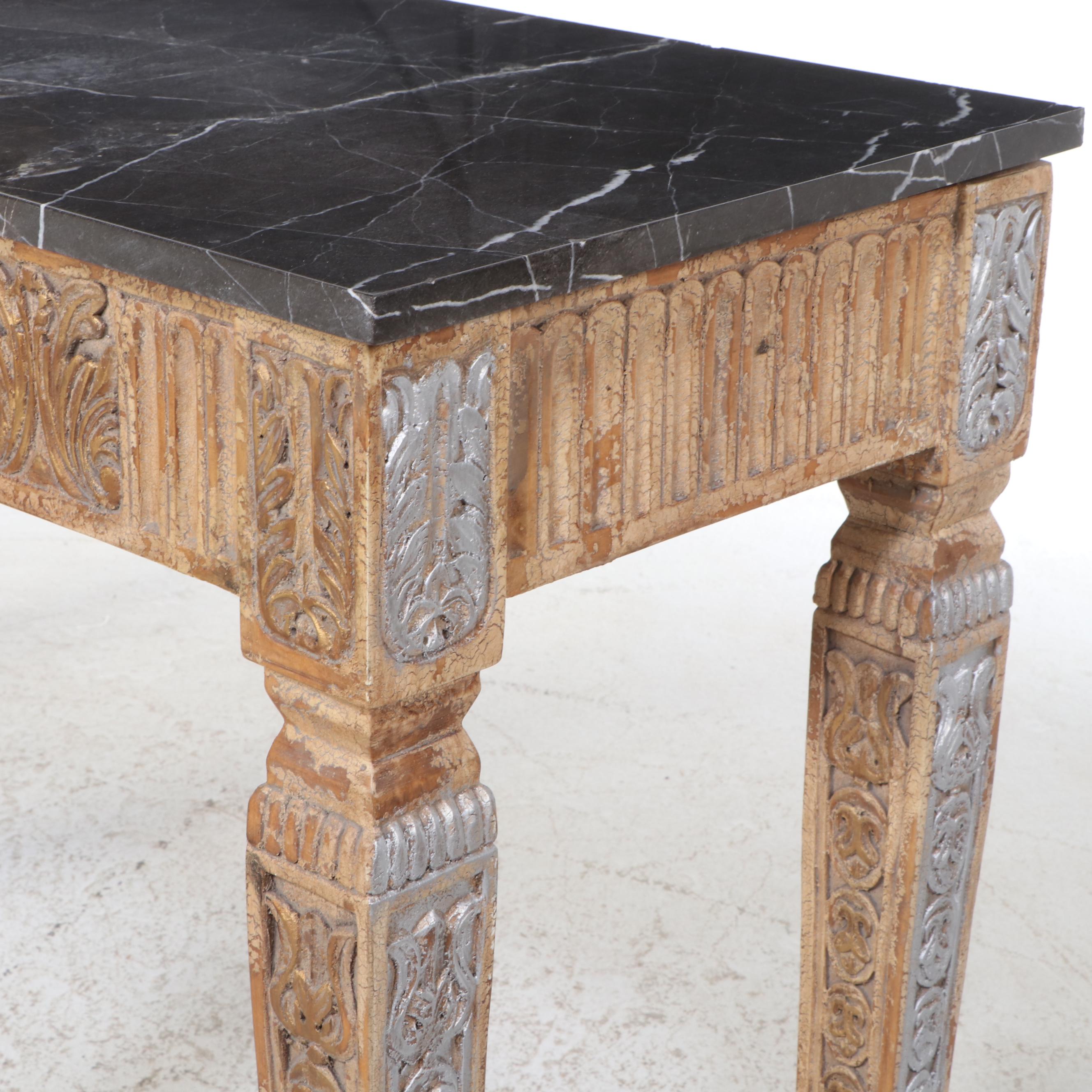French Style Carved Wood Marble Top Console Table