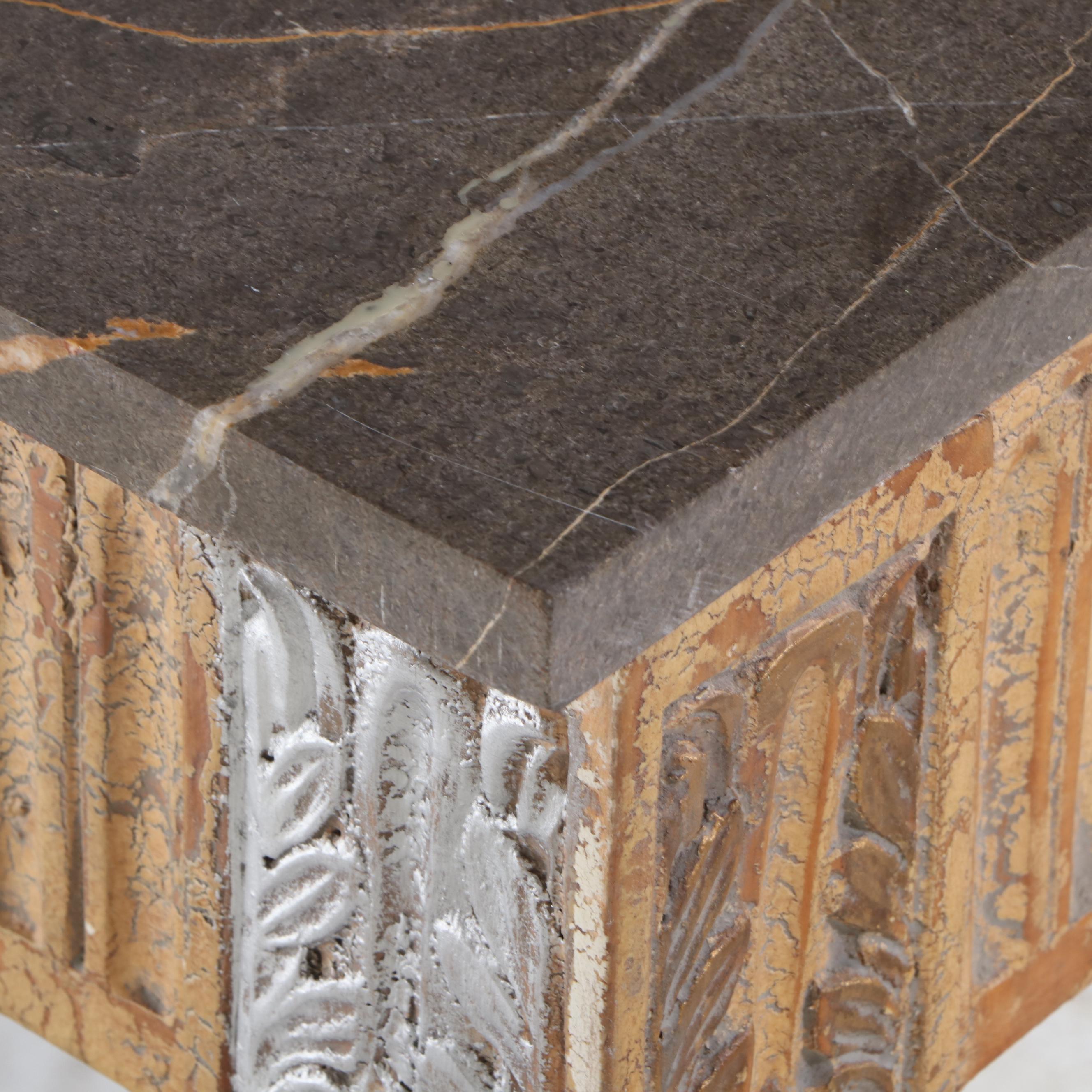 French Style Carved Wood Marble Top Console Table