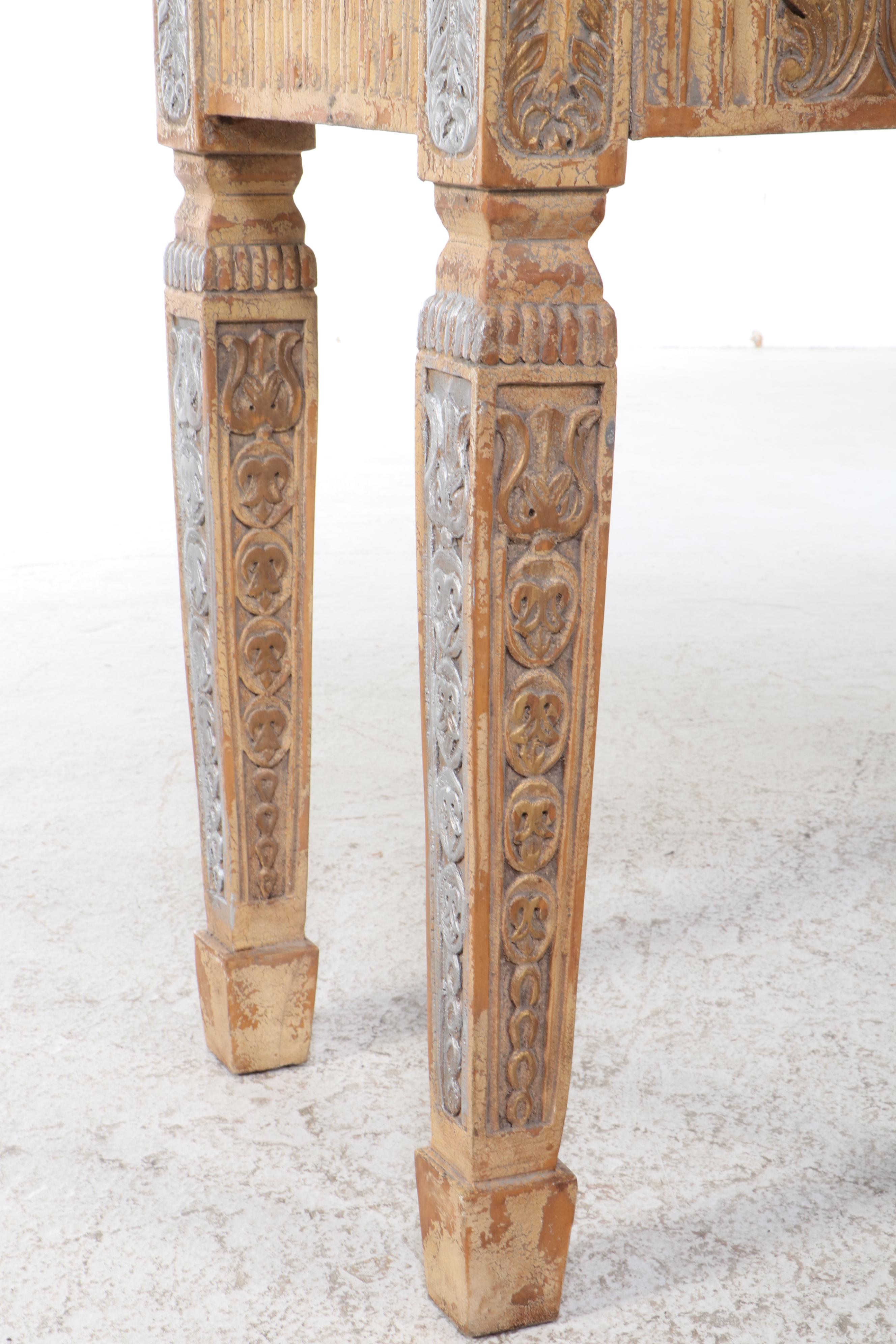 French Style Carved Wood Marble Top Console Table