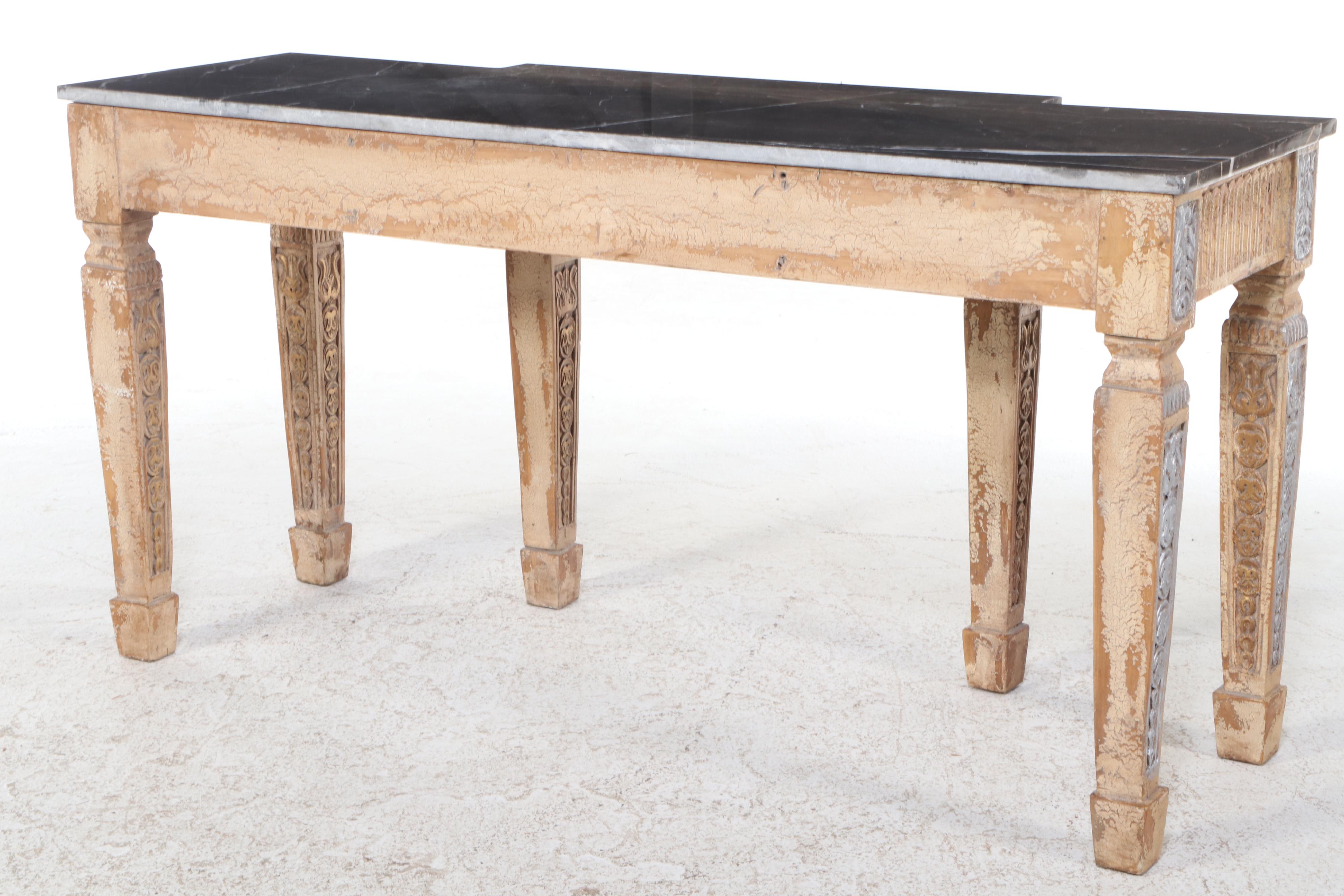 French Style Carved Wood Marble Top Console Table