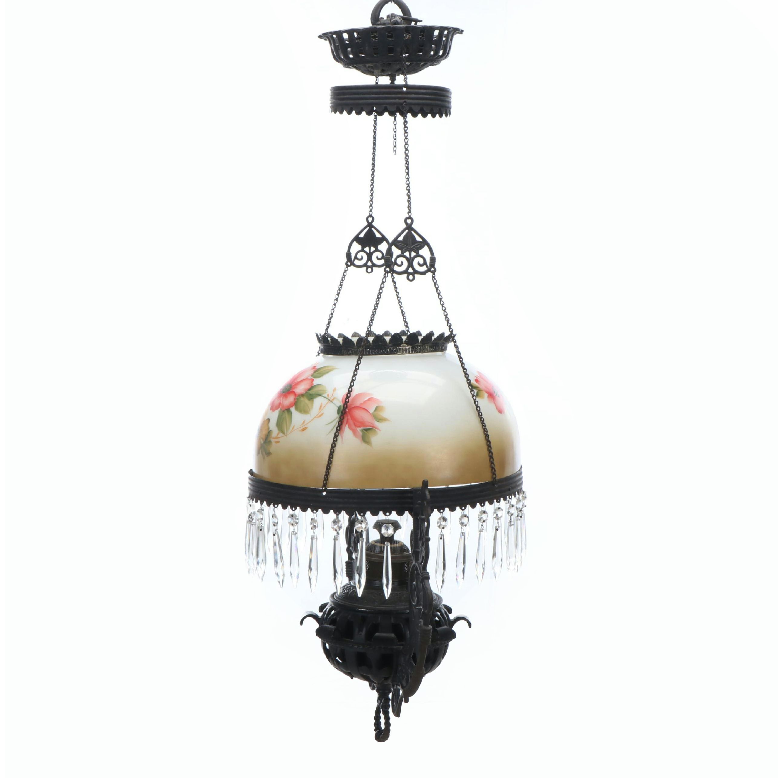 Bradley & Hubbard Pendant Pull Down Oil Lamp with Hand-Painted Glass Shade