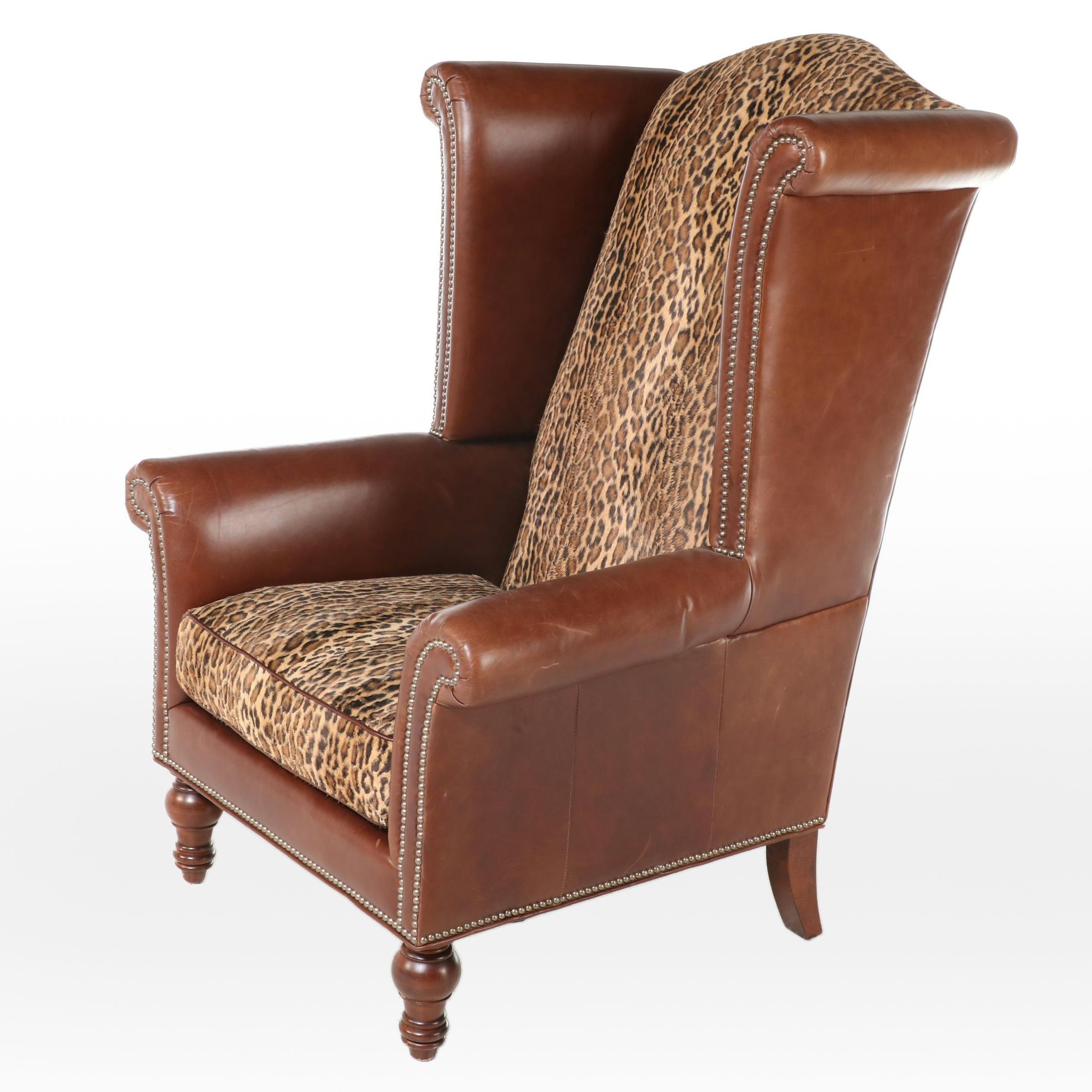 Henry Link Trading Co. Leather and Animal Print Wingback Armchair with Nailheads