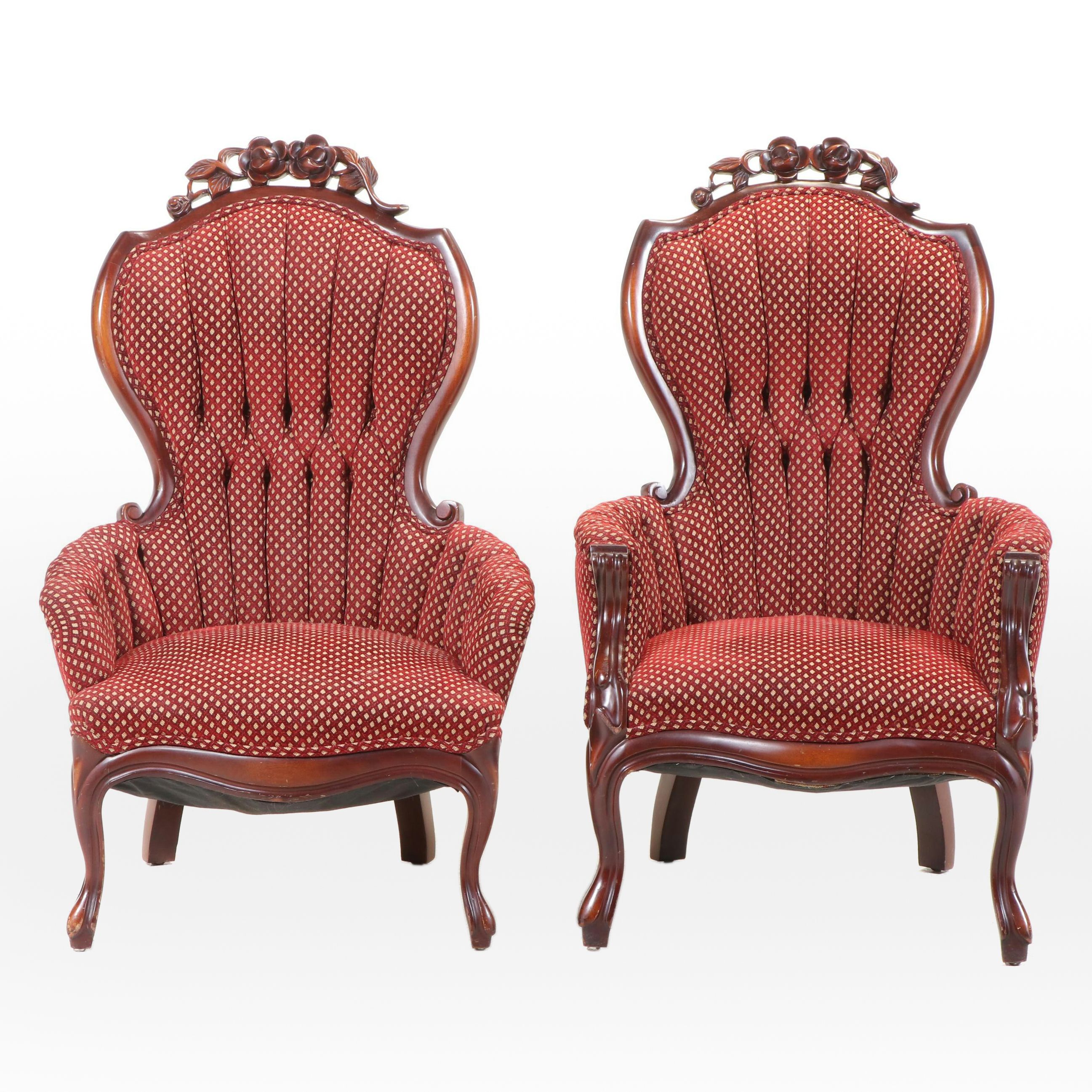 Two Rococo Revival Style Mahogany and Buttoned-Down Armchairs, Late 20th Century