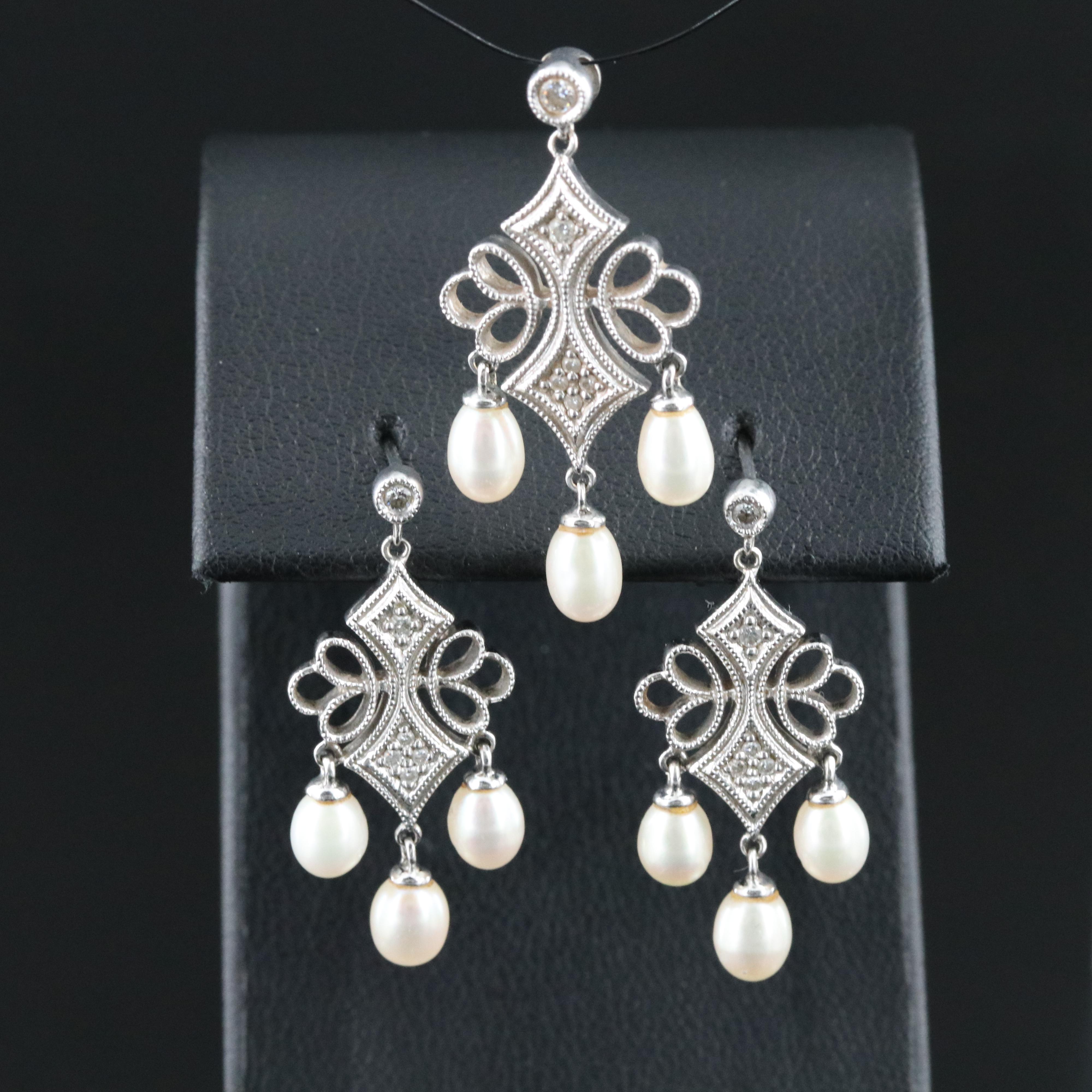 14K Pearl and Diamond Earring and Pendant Set