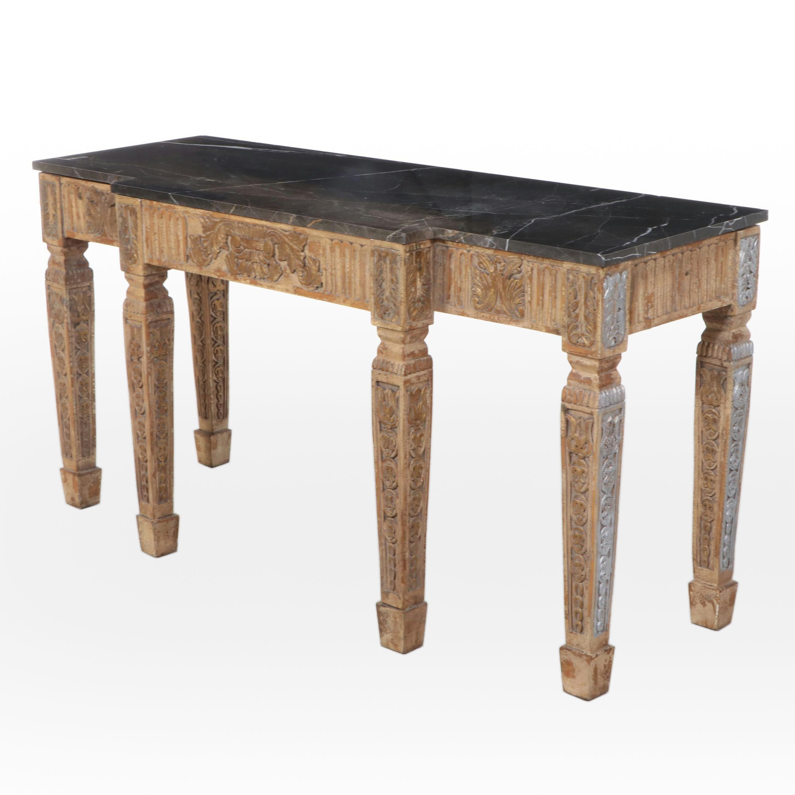 French Style Carved Wood Marble Top Console Table