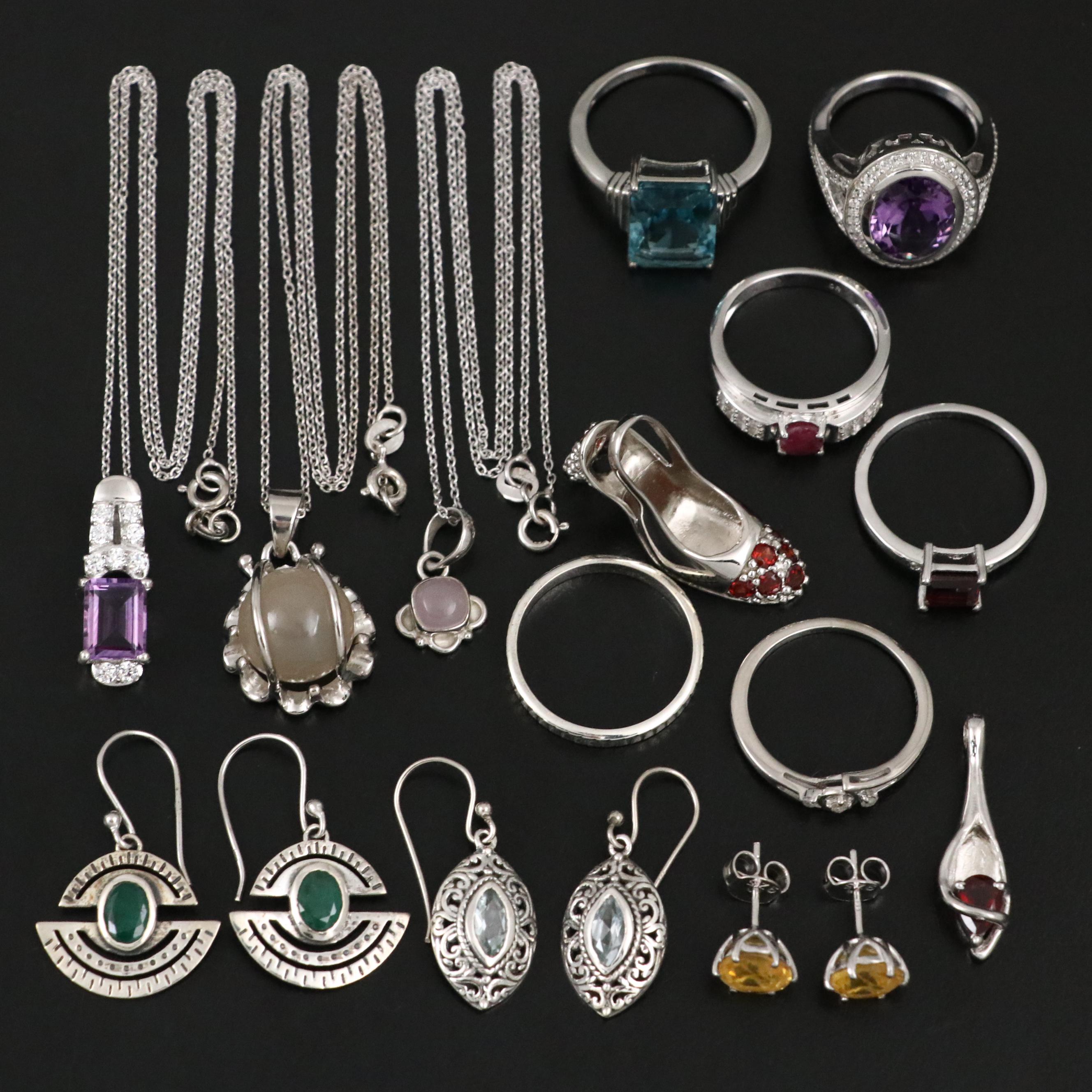 Group of 14 Assorted Sterling Silver Rings, Necklaces, Earrings, and Pendants