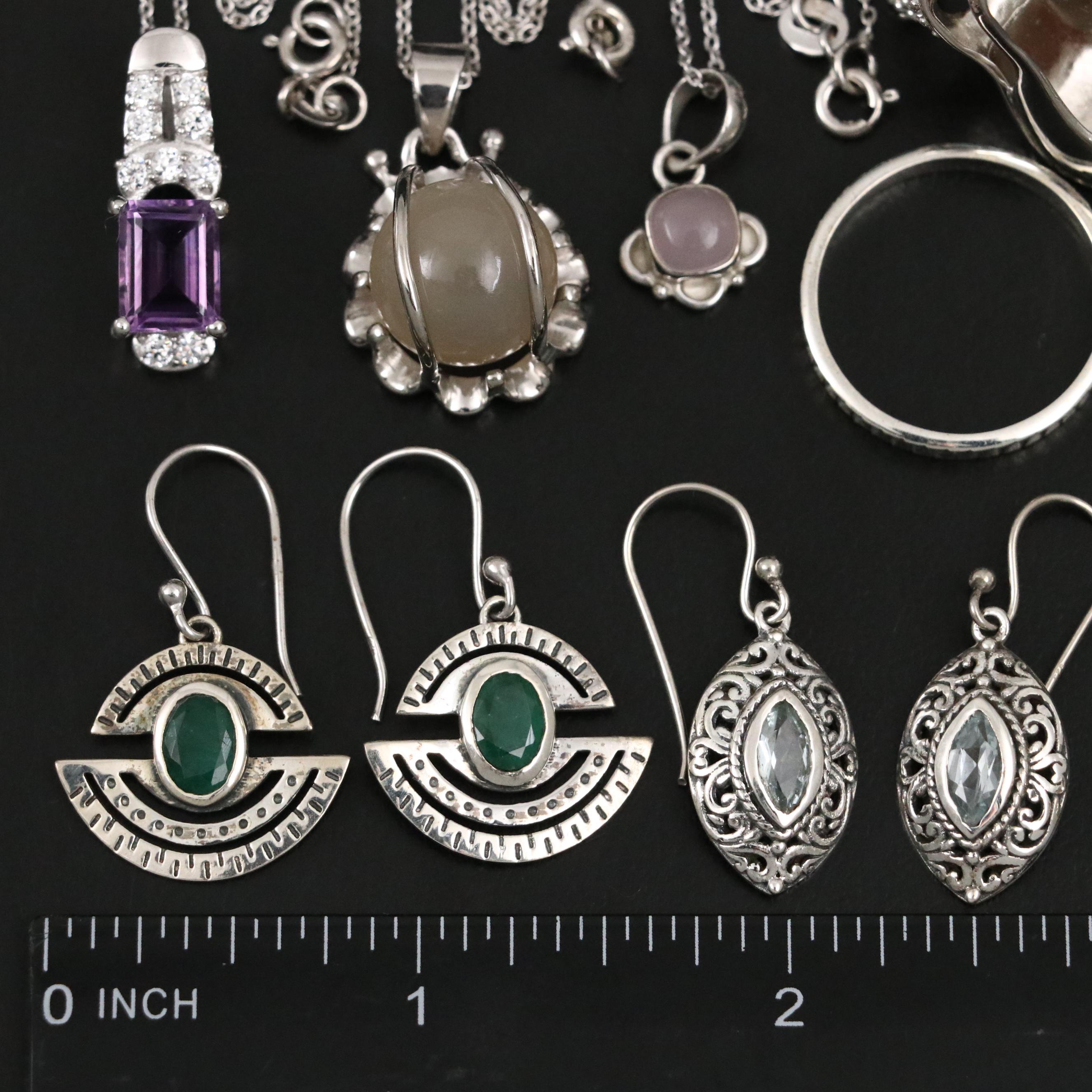 Group of 14 Assorted Sterling Silver Rings, Necklaces, Earrings, and Pendants