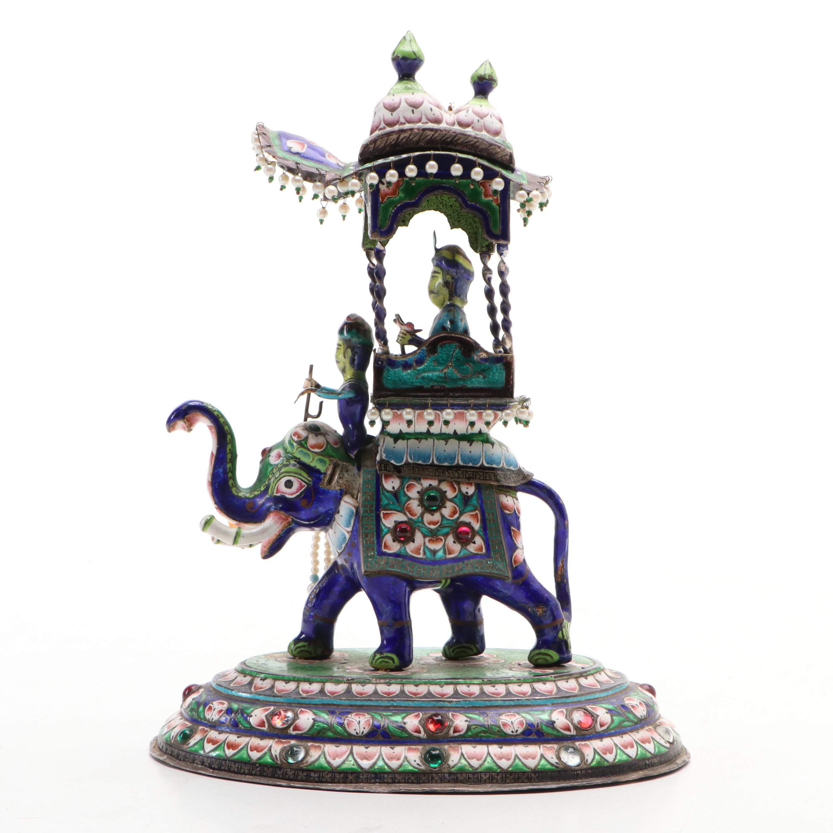 Indian Silver and Enamel Elephant with Howdah and Riders Figural Group