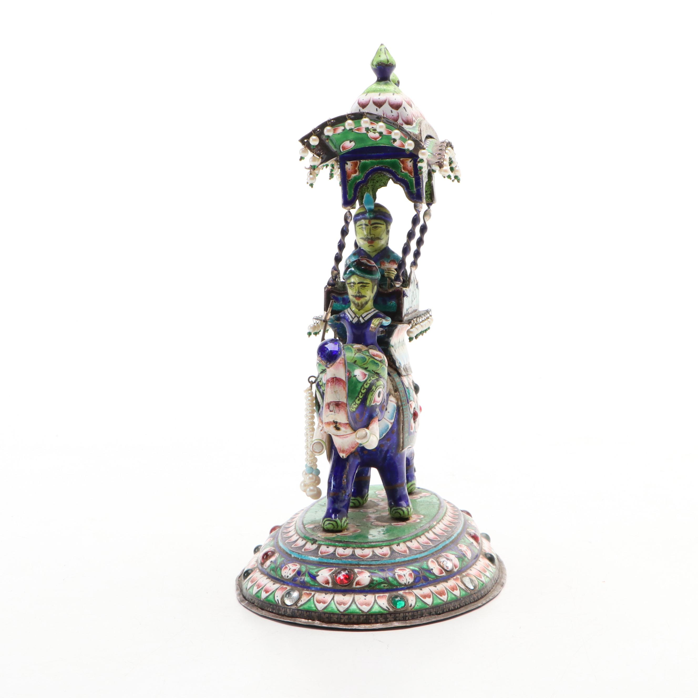 Indian Silver and Enamel Elephant with Howdah and Riders Figural Group