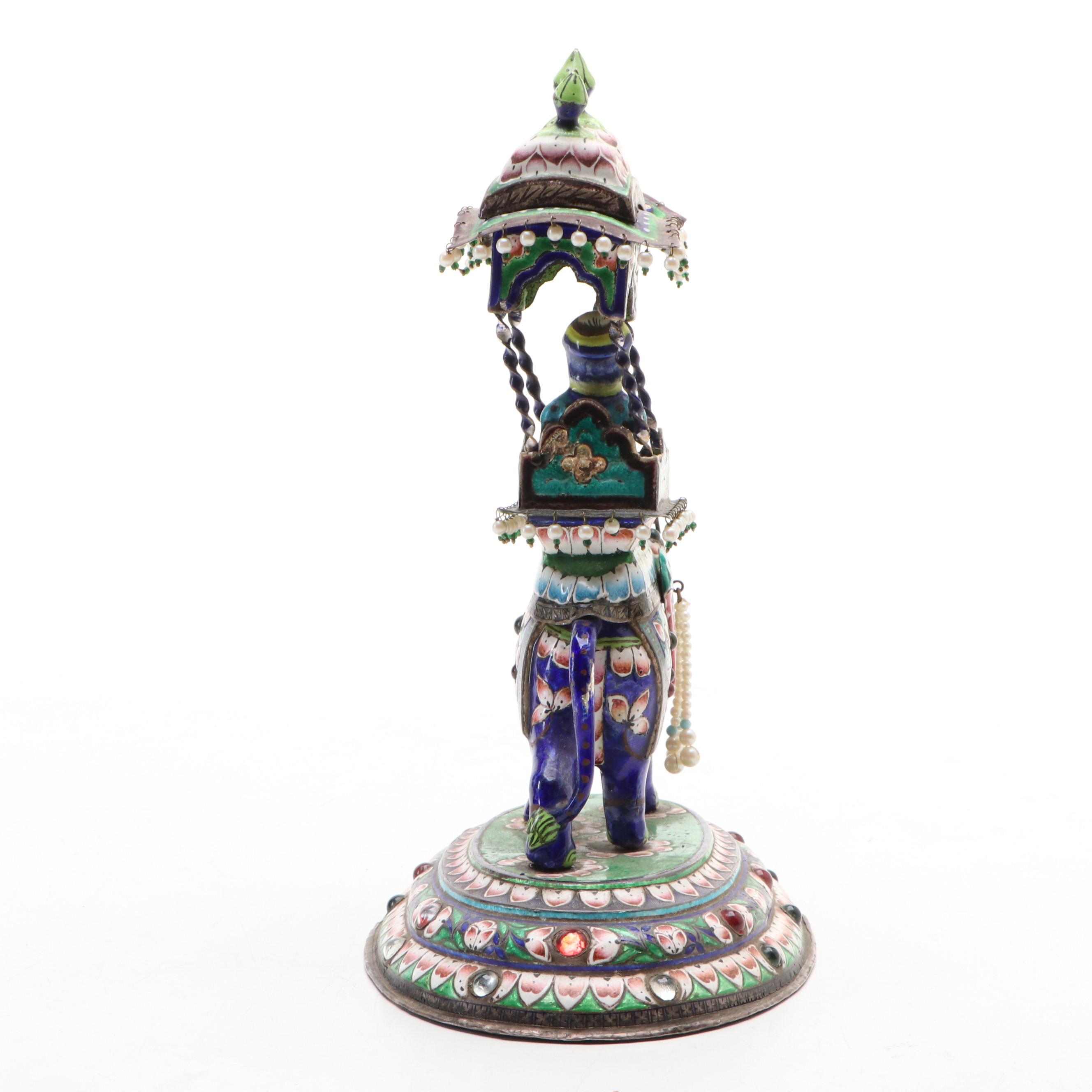 Indian Silver and Enamel Elephant with Howdah and Riders Figural Group