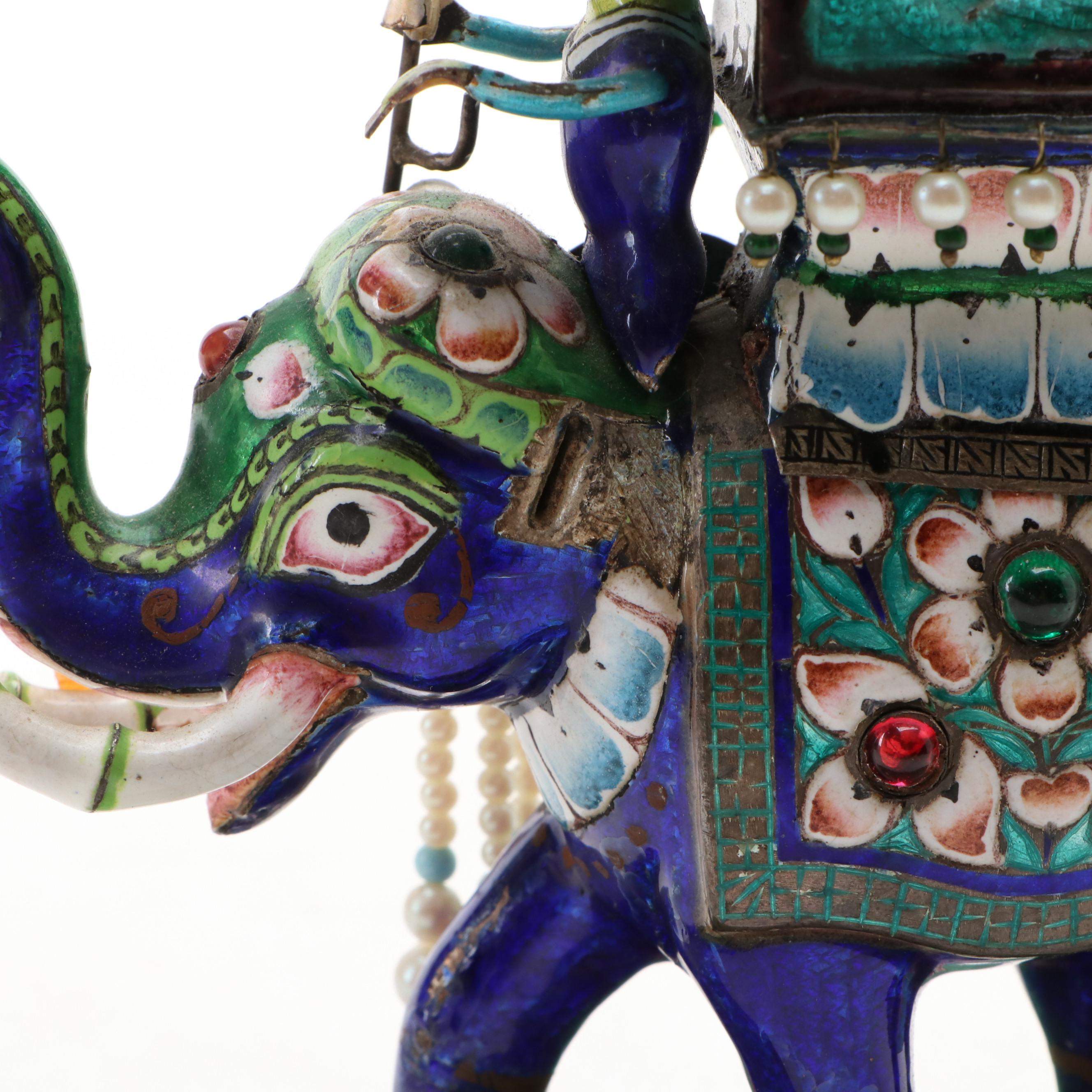 Indian Silver and Enamel Elephant with Howdah and Riders Figural Group