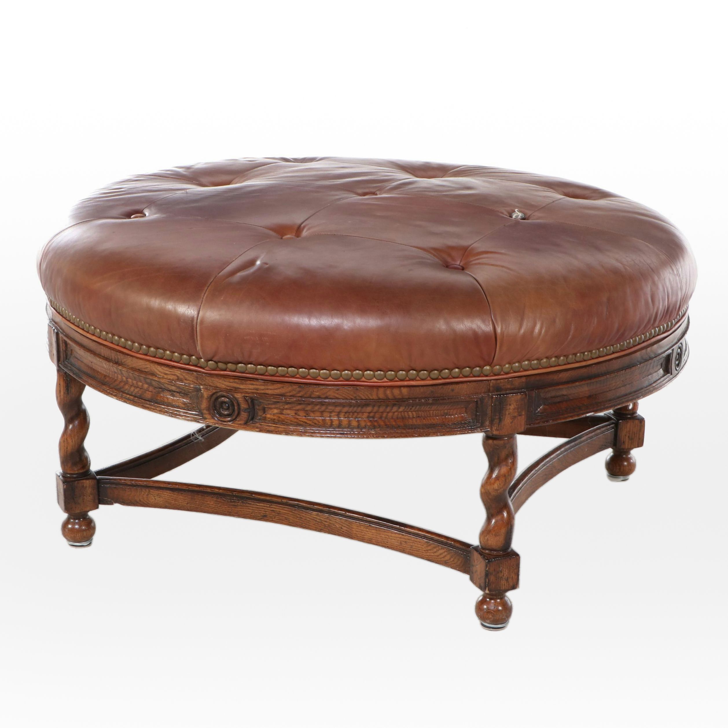 American Signature Furniture Button-Tufted Leather Ottoman