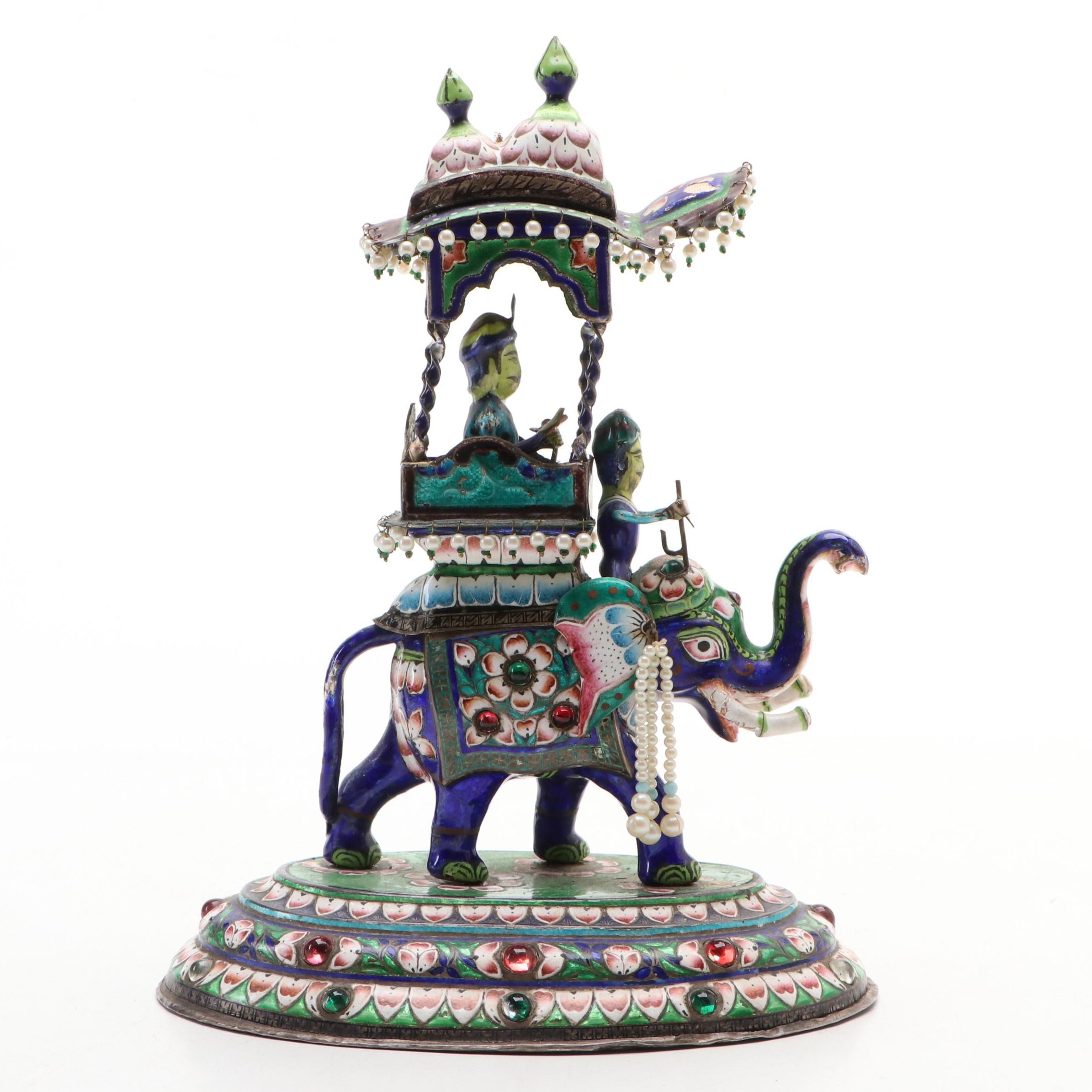 Indian Silver and Enamel Elephant with Howdah and Riders Figural Group