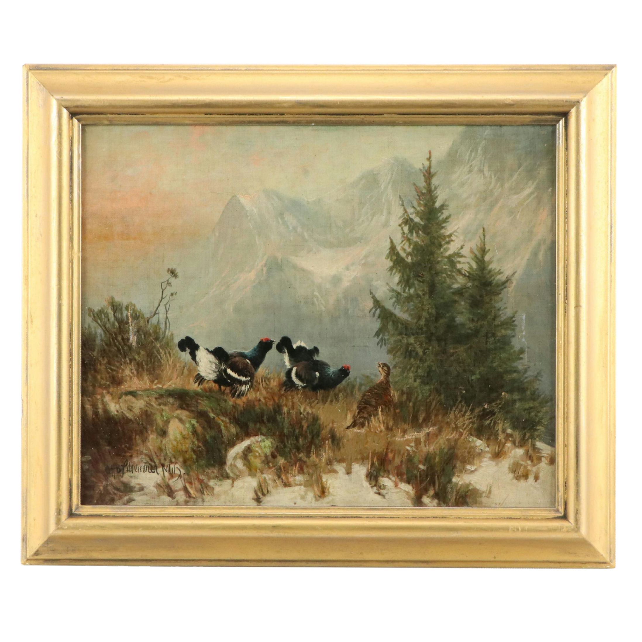 Otto Scheuerer Landscape Oil Painting With Quails