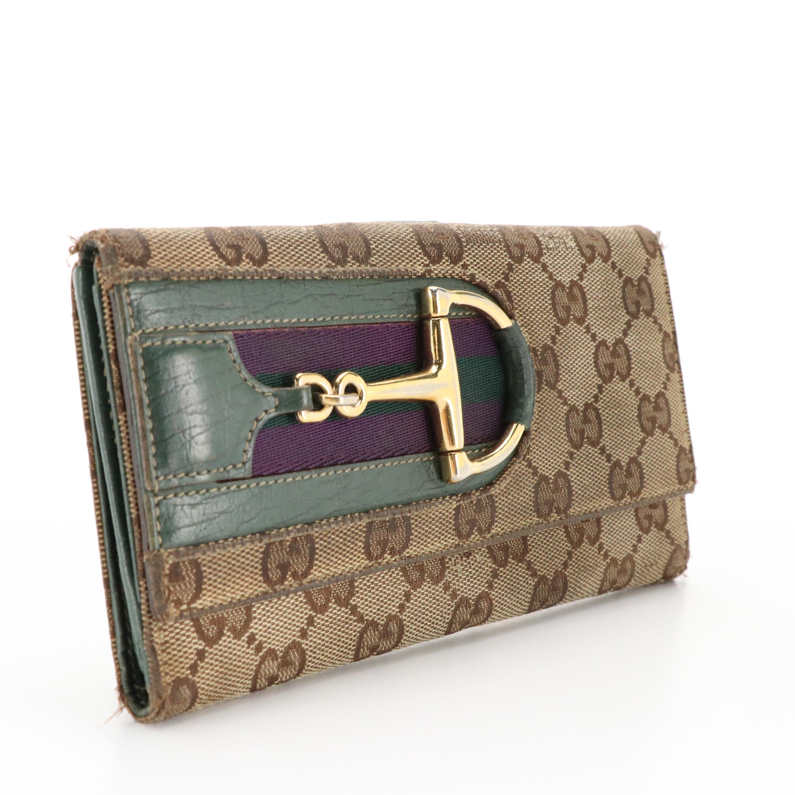 Gucci Hasler Horsebit Continental Wallet in Brown GG Canvas and Leather